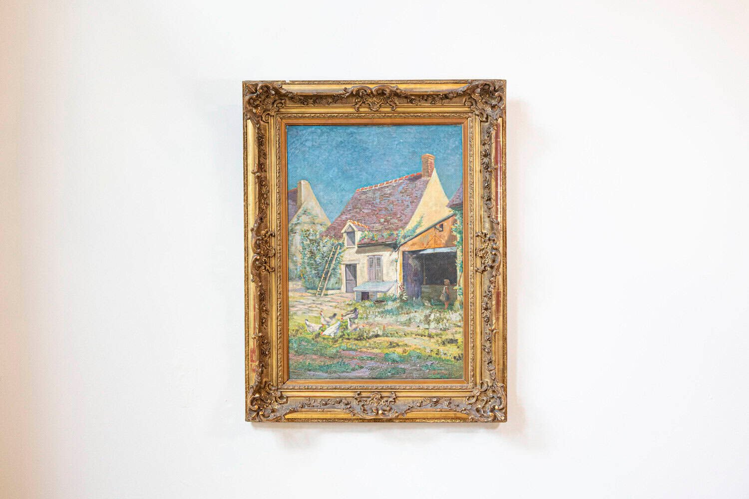 French 20th Century Farmyard Scene by H. Greilschmez in Carved Giltwood Frame - JAA