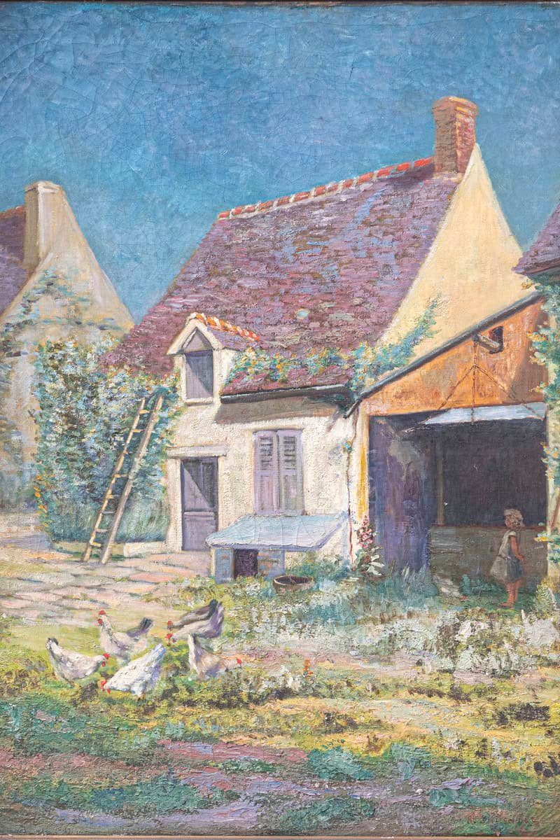 French 20th Century Farmyard Scene by H. Greilschmez in Carved Giltwood Frame - JAA