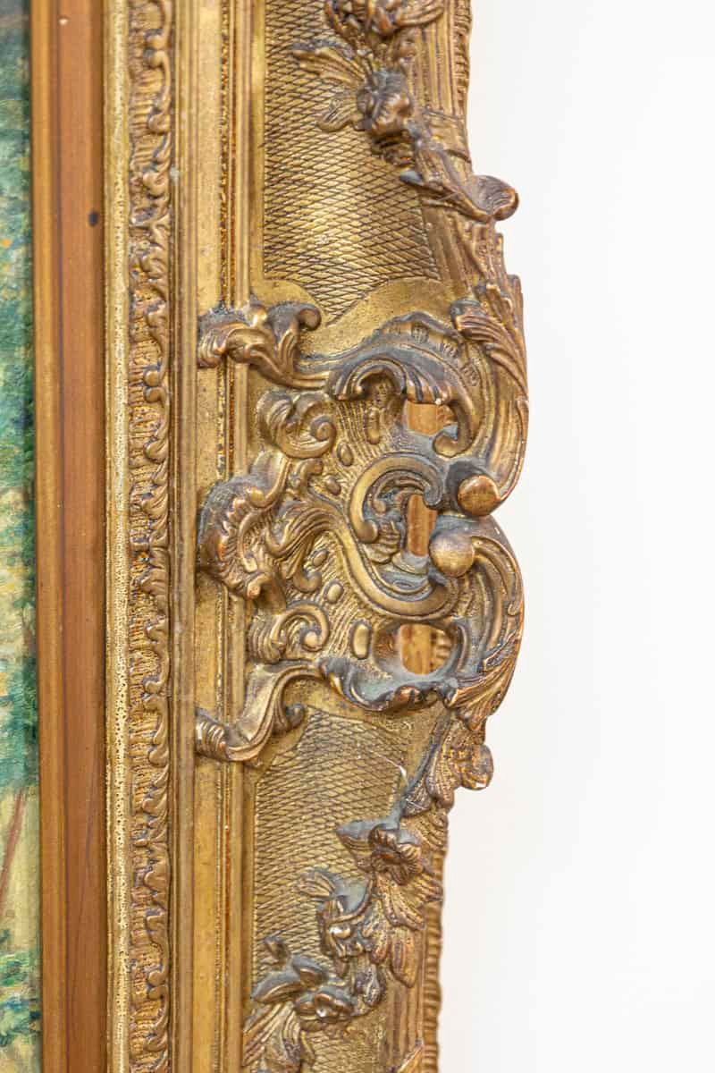 French 20th Century Farmyard Scene by H. Greilschmez in Carved Giltwood Frame - JAA