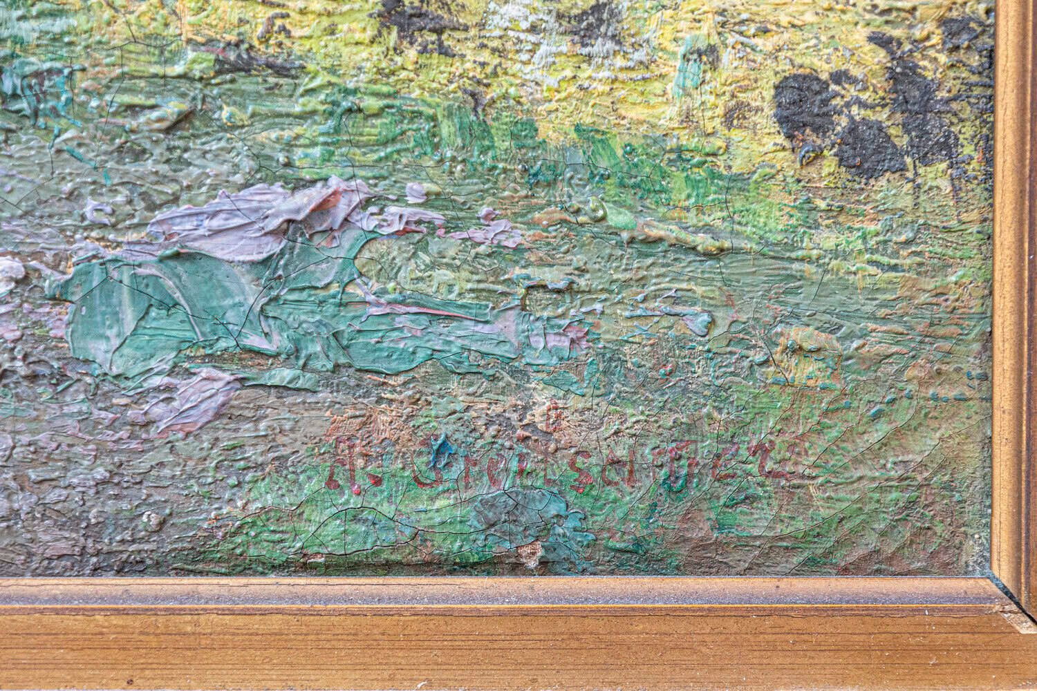 French 20th Century Farmyard Scene by H. Greilschmez in Carved Giltwood Frame - JAA