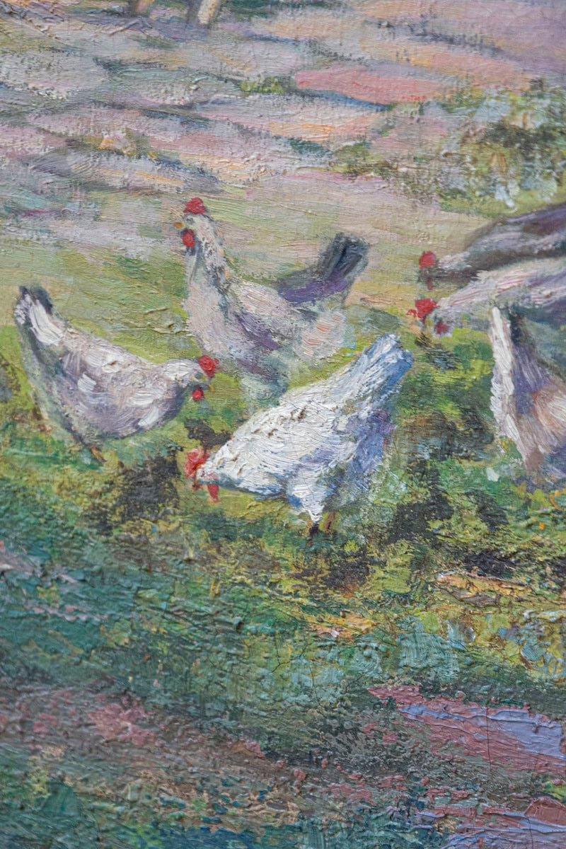 French 20th Century Farmyard Scene by H. Greilschmez in Carved Giltwood Frame - JAA