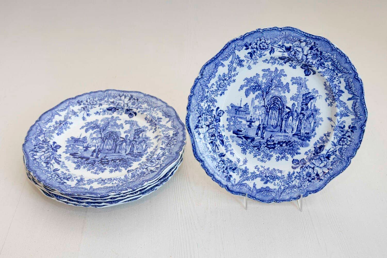 English 19th Century Blue and White Transfer Plates with Gothic Ruins Motifs - JAA