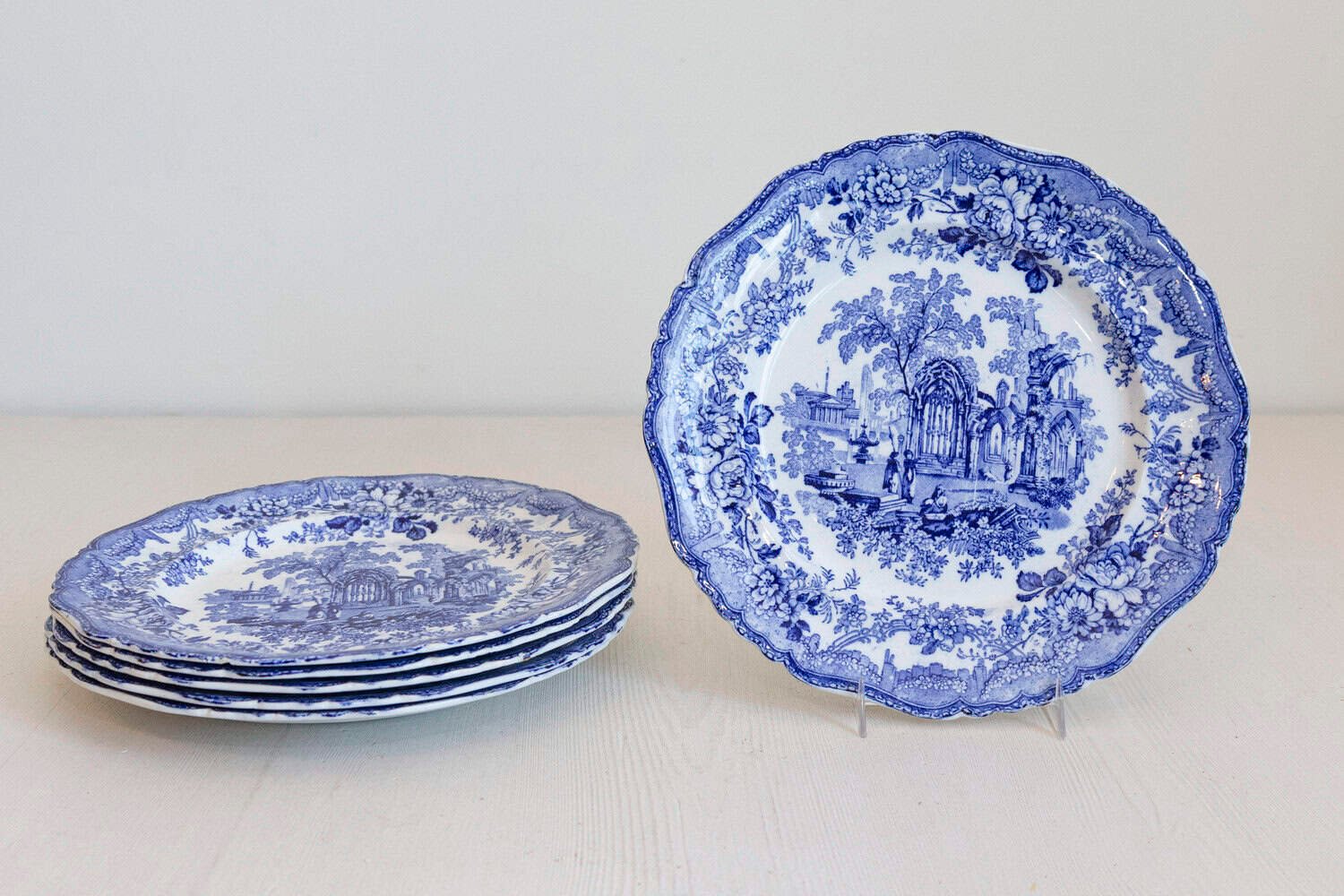 English 19th Century Blue and White Transfer Plates with Gothic Ruins Motifs - JAA