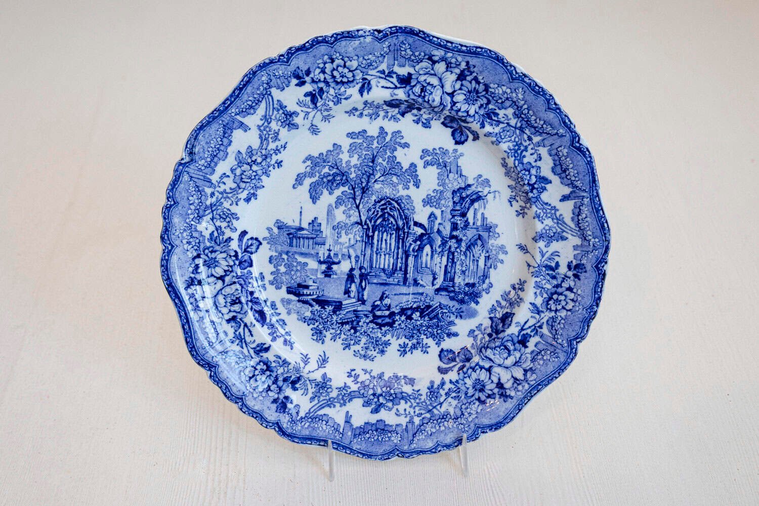 English 19th Century Blue and White Transfer Plates with Gothic Ruins Motifs - JAA