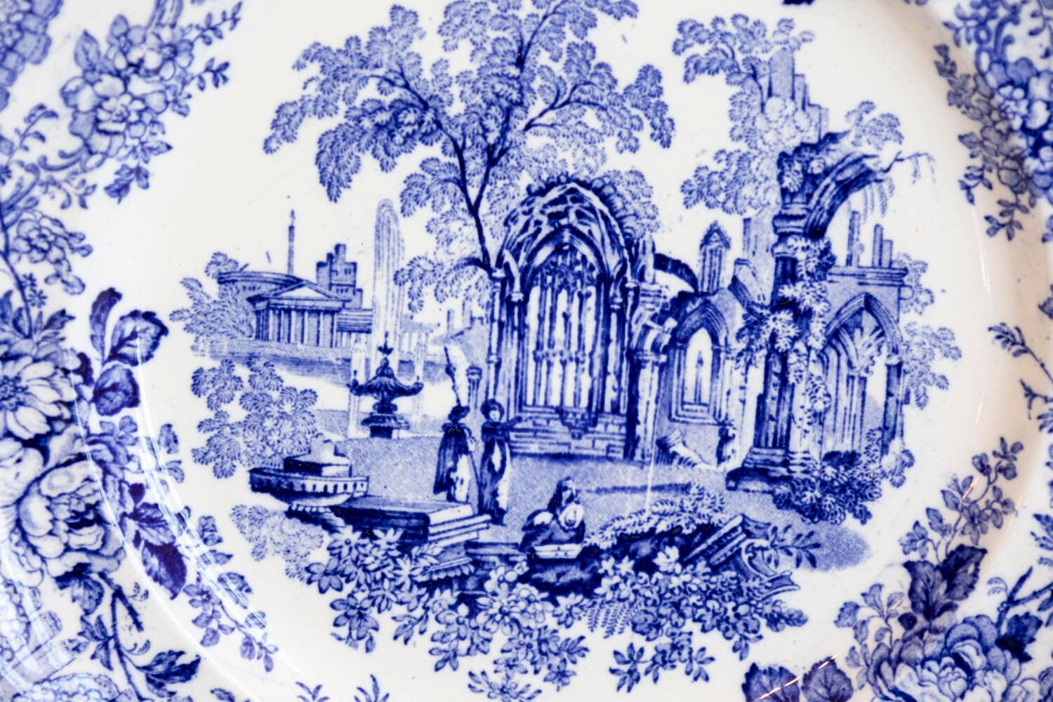 English 19th Century Blue and White Transfer Plates with Gothic Ruins Motifs - JAA