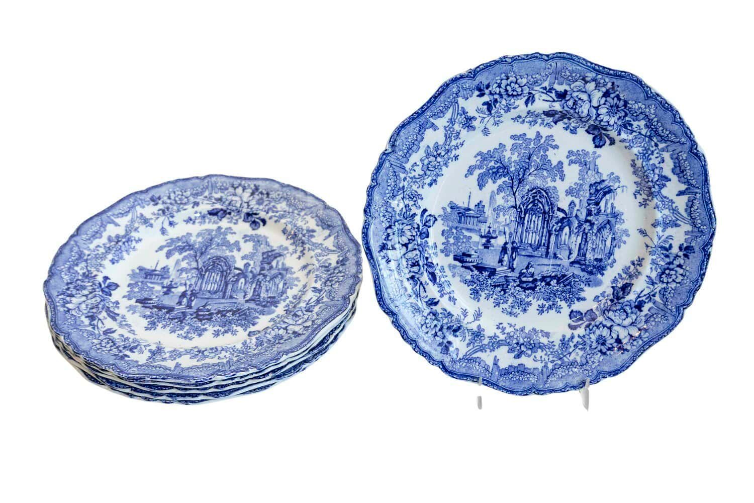 English 19th Century Blue and White Transfer Plates with Gothic Ruins Motifs