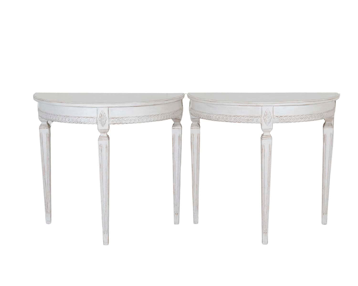 Pair of Swedish Gustavian White-Painted Demi-Lune Consoles, ca. 1880