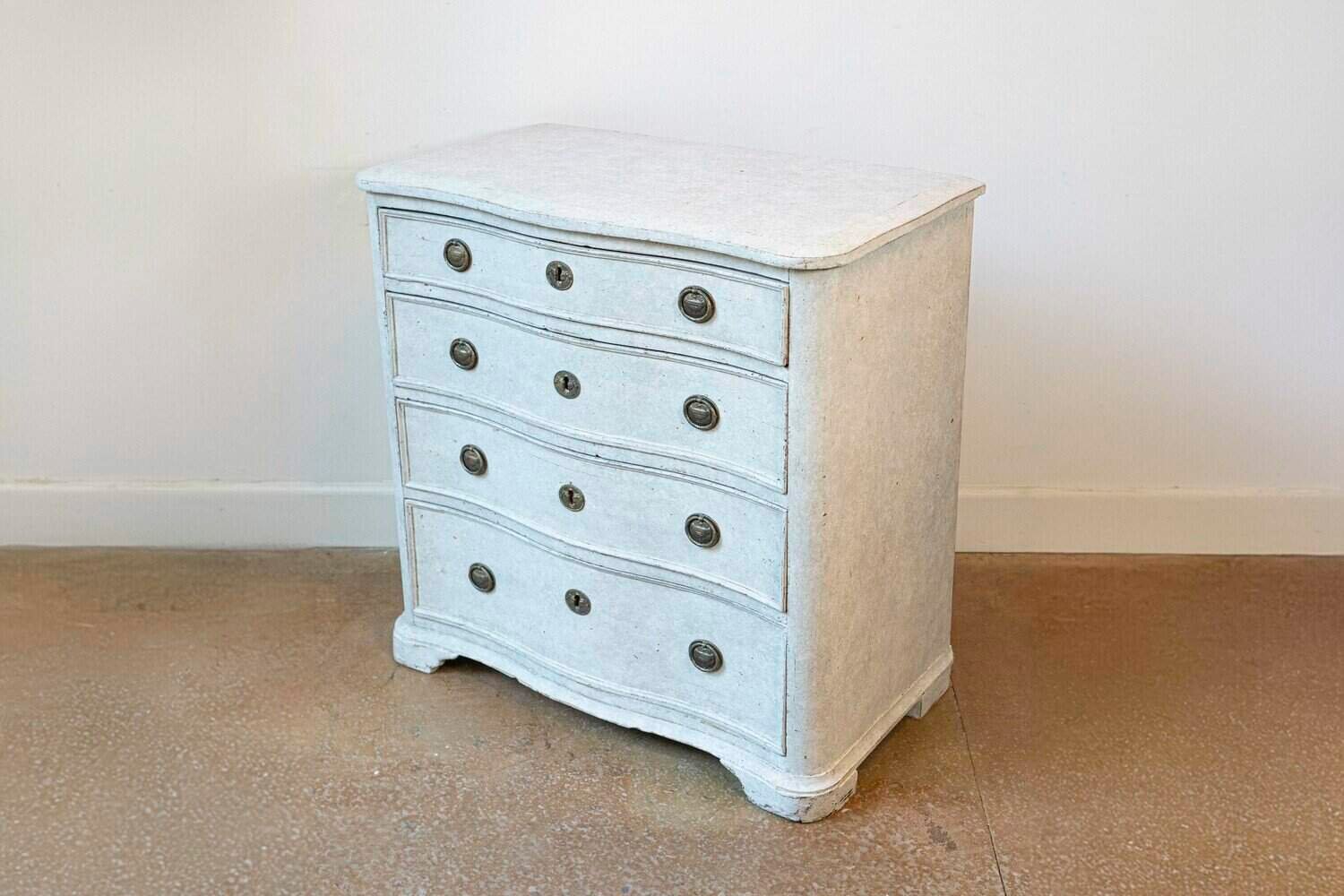 ON HOLD - Danish 1880s Off White Painted Serpentine Front Chest with Graduated Drawers - JAA