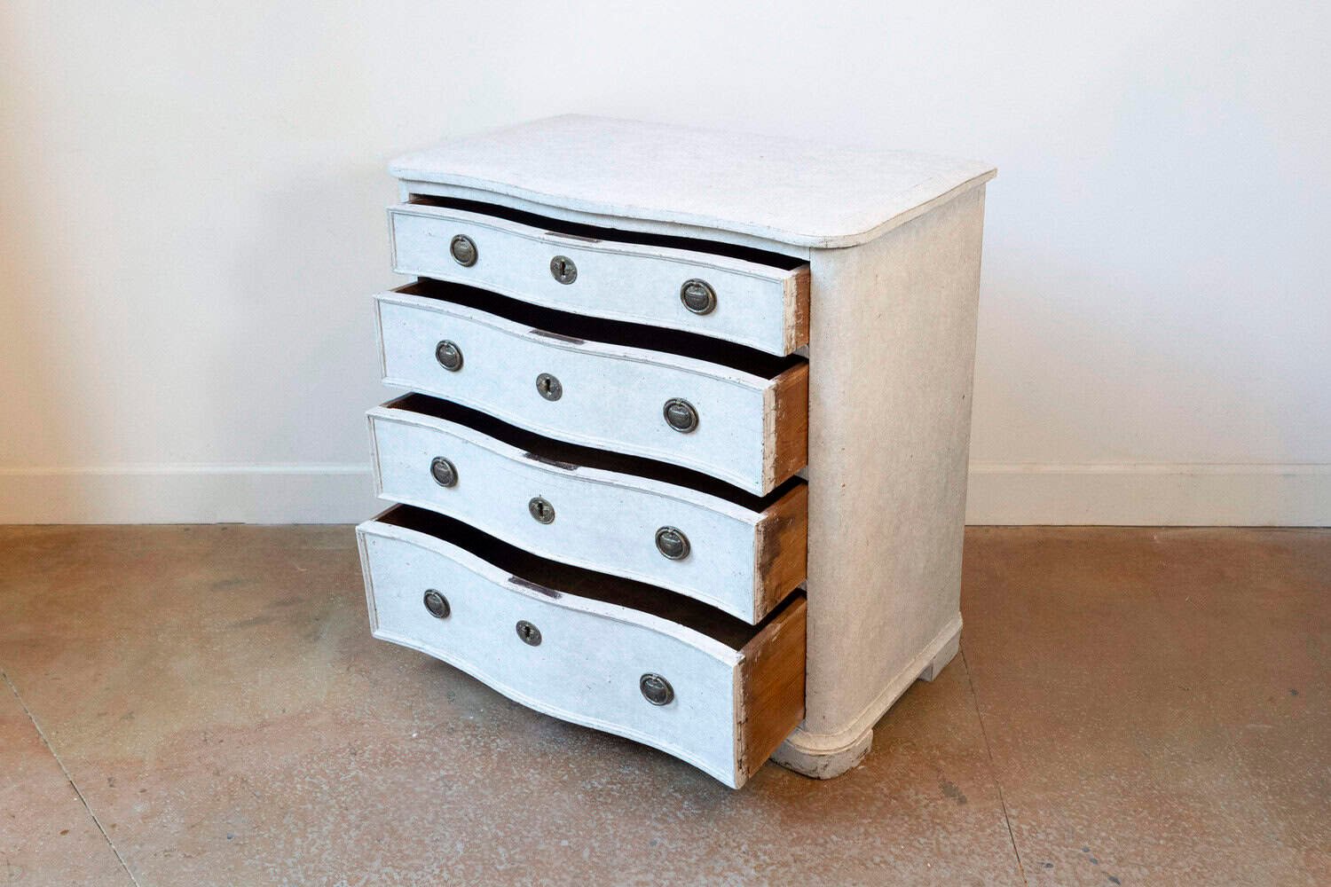 ON HOLD - Danish 1880s Off White Painted Serpentine Front Chest with Graduated Drawers - JAA