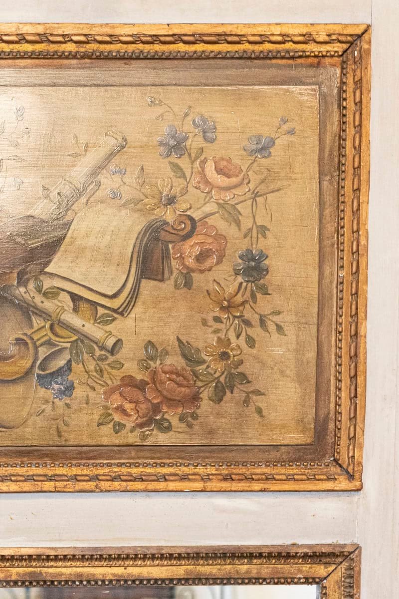 Parisian Louis XVI Style 1860s Trumeau Mirror with Painted Musical Instruments - JAA