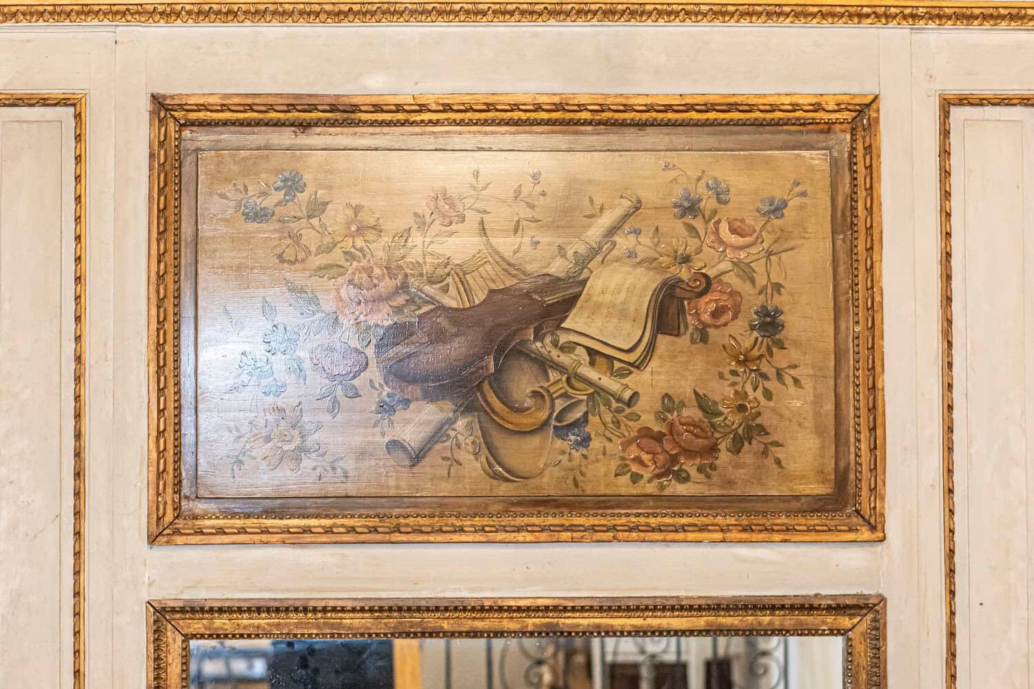 Parisian Louis XVI Style 1860s Trumeau Mirror with Painted Musical Instruments - JAA