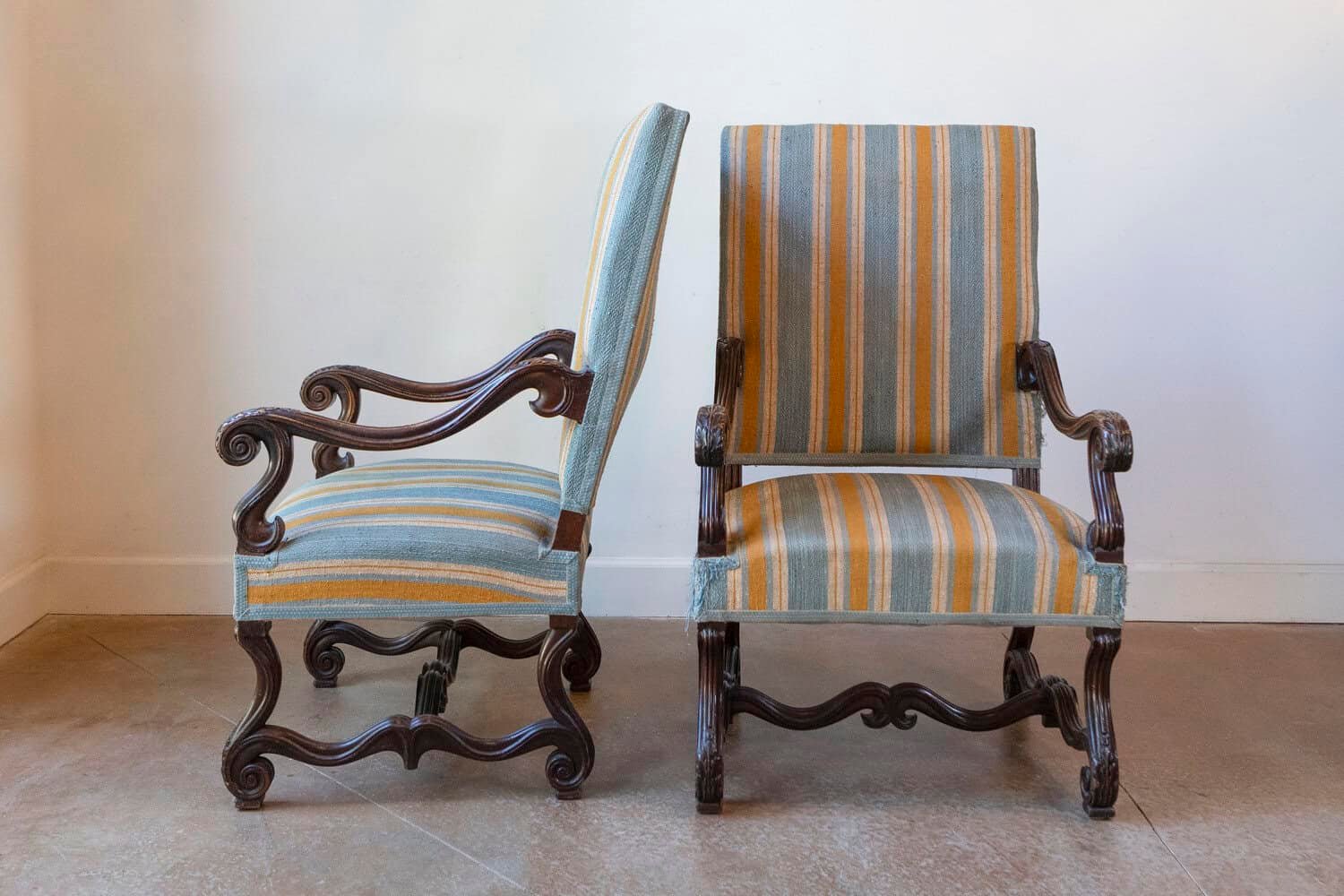 Louis XIII Style 19th Century French Os de Mouton Walnut Armchairs, a Pair - JAA