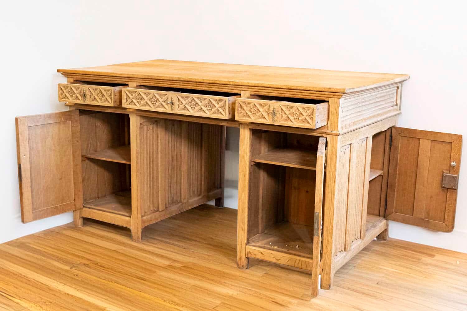 Gothic Revival English Desk of Bleached Oak with Linenfold Motifs, circa 1830 - JAA