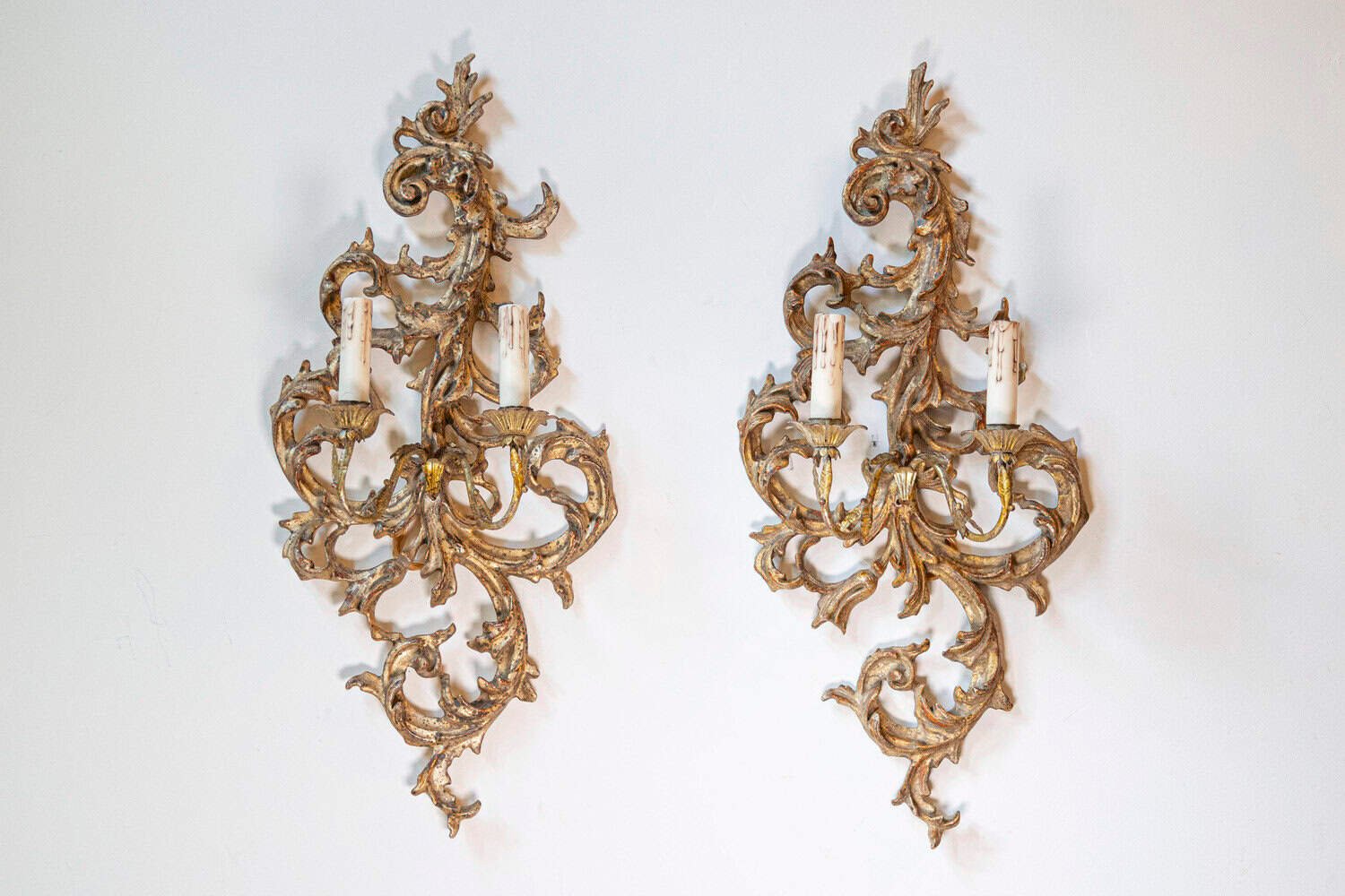 Pair of French 1850s Rococo Revival Giltwood Two-Light Sconces - JAA
