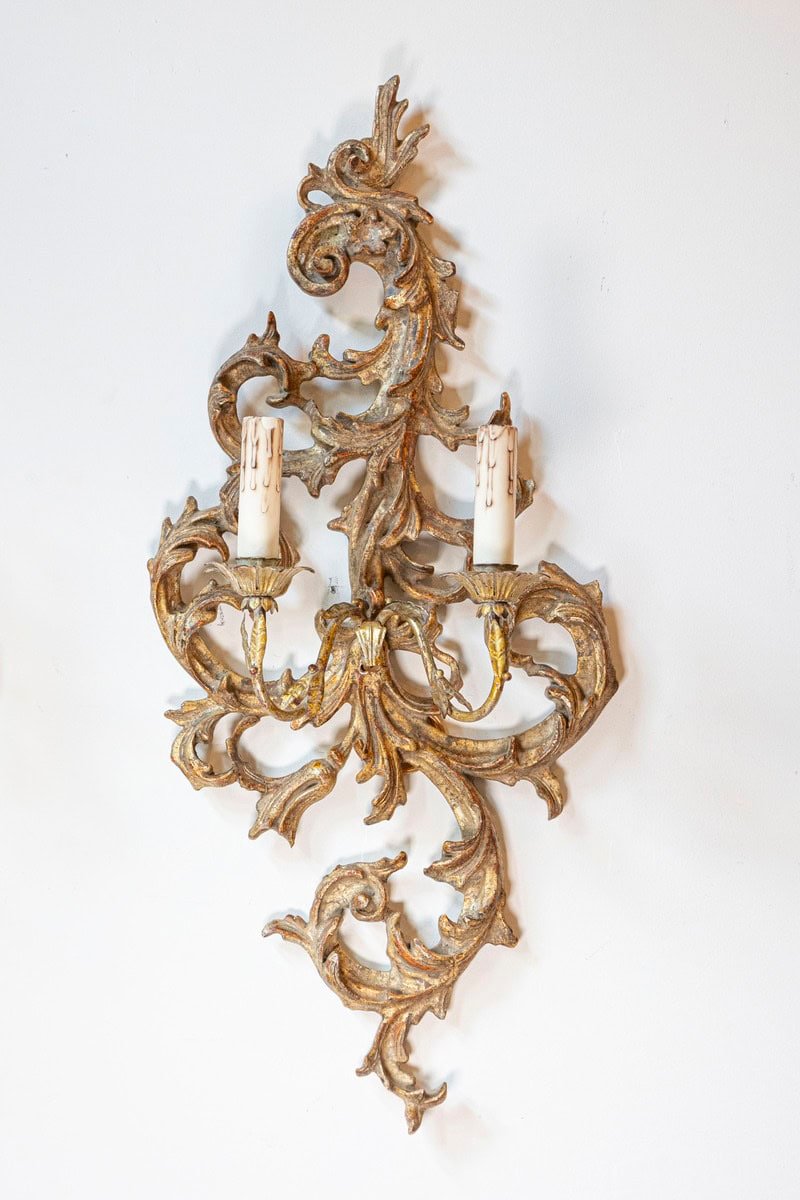 Pair of French 1850s Rococo Revival Giltwood Two-Light Sconces - JAA