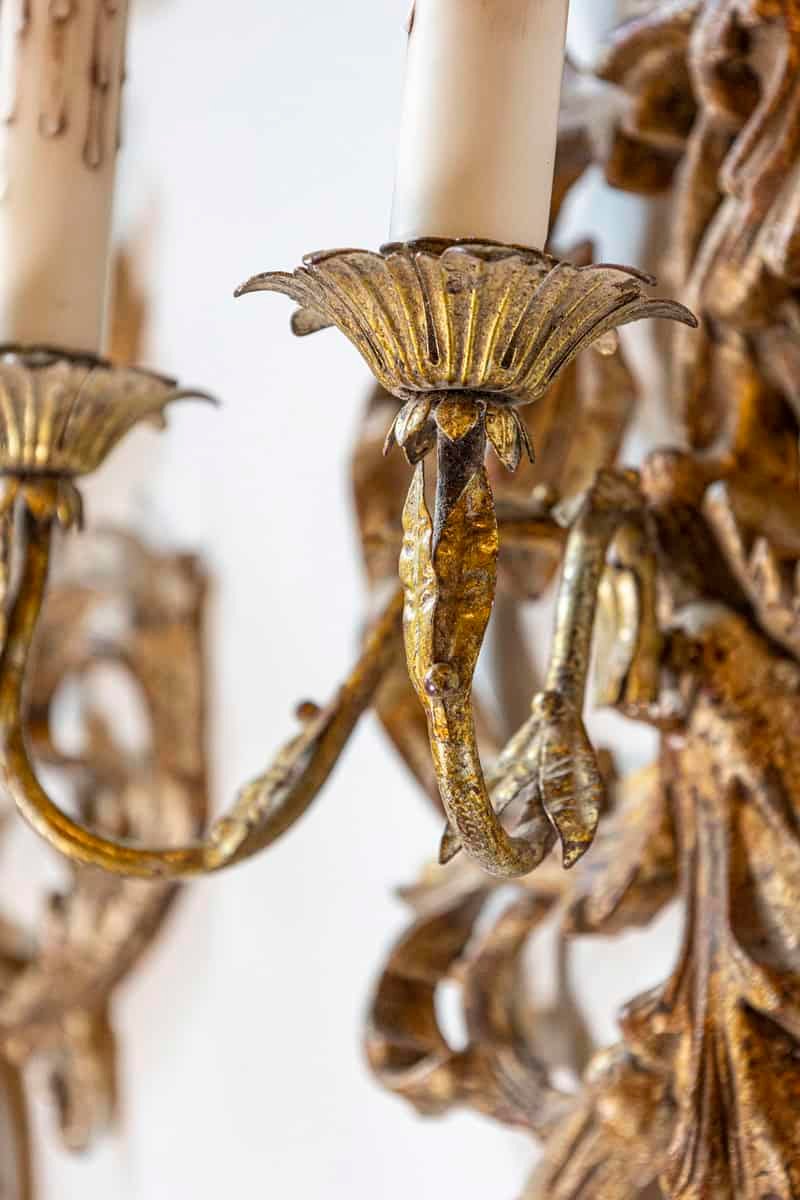 Pair of French 1850s Rococo Revival Giltwood Two-Light Sconces - JAA