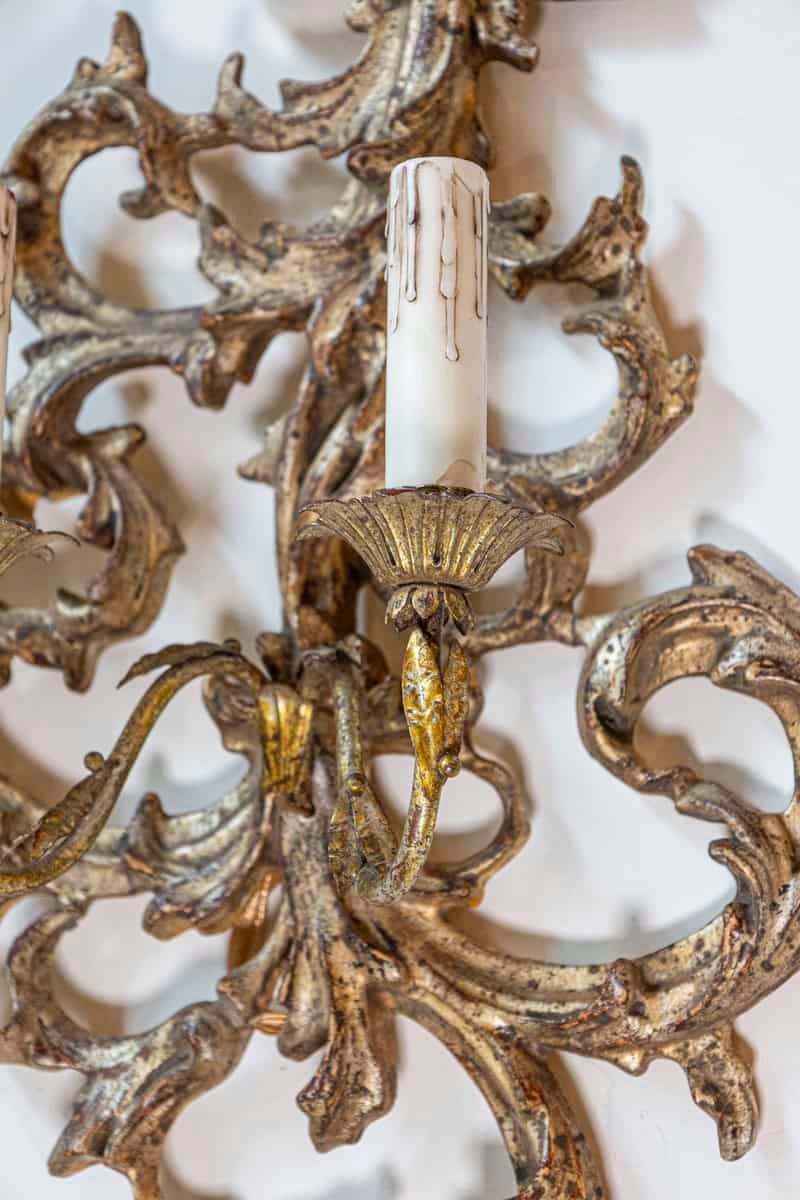 Pair of French 1850s Rococo Revival Giltwood Two-Light Sconces - JAA