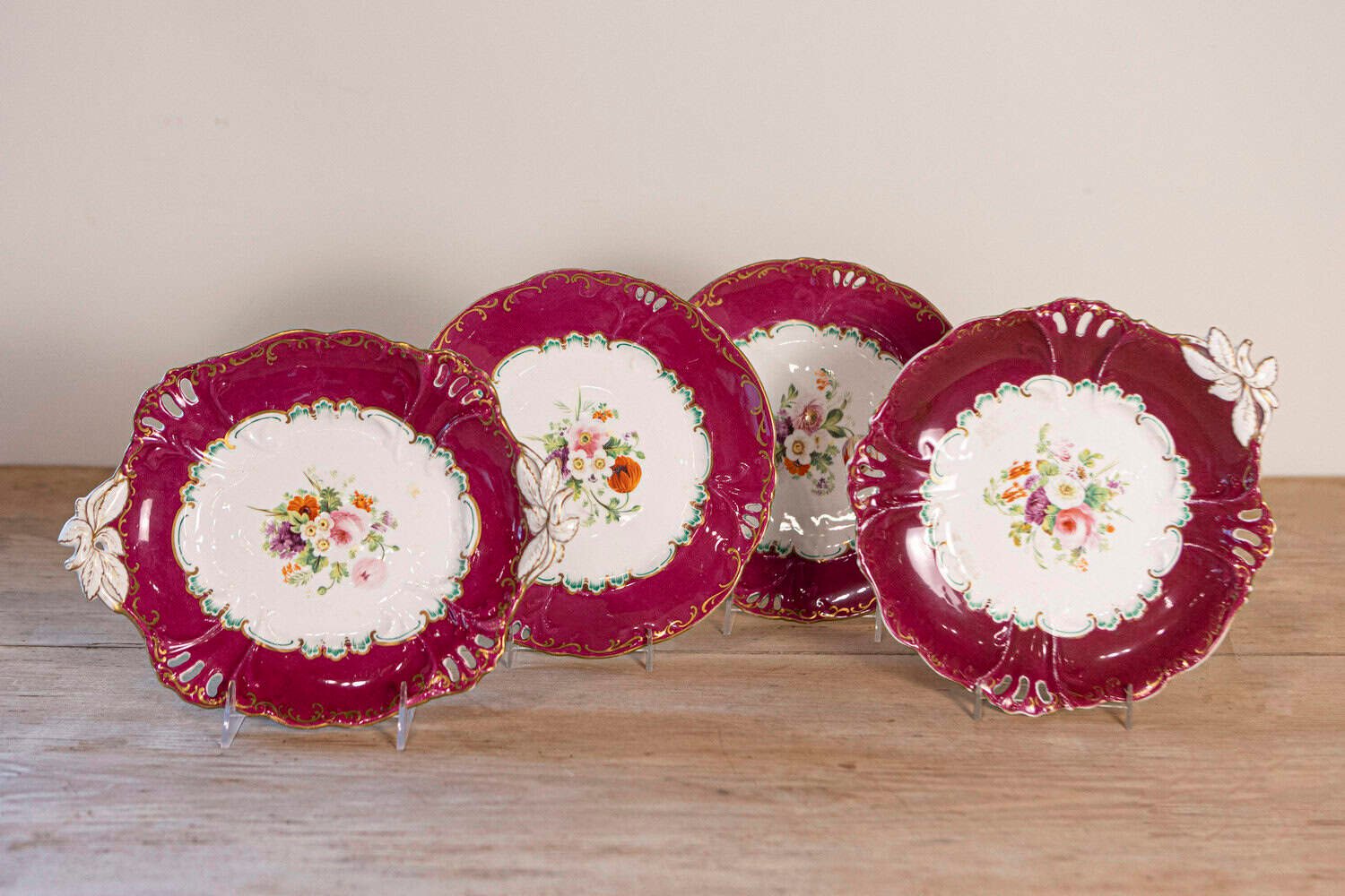 English 1850s Copeland Red Border Plates and Compotes with Bouquets of Flowers - JAA