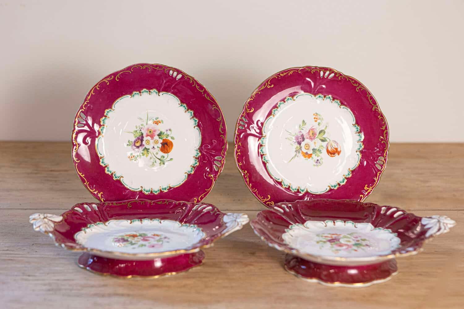 English 1850s Copeland Red Border Plates and Compotes with Bouquets of Flowers - JAA