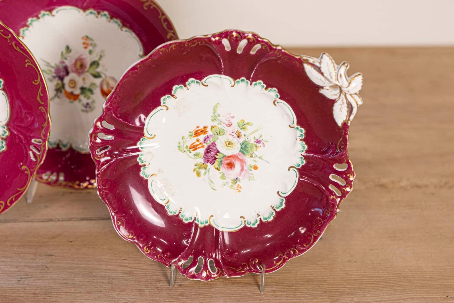 English 1850s Copeland Red Border Plates and Compotes with Bouquets of Flowers - JAA