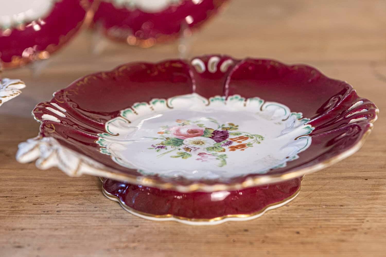 English 1850s Copeland Red Border Plates and Compotes with Bouquets of Flowers - JAA