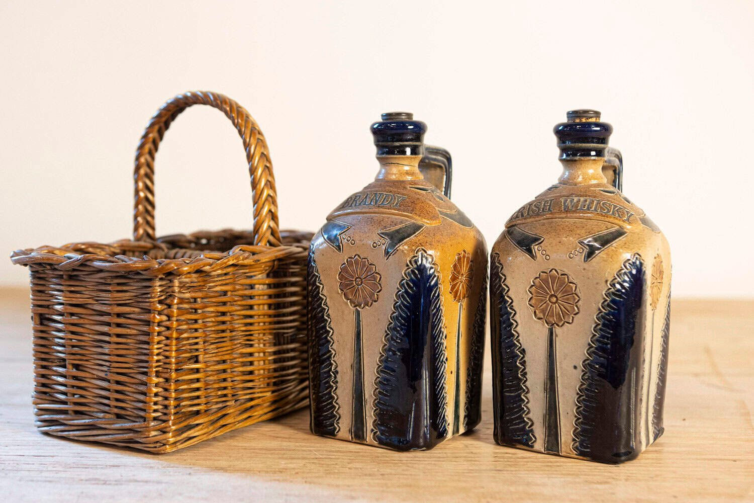 English Victorian 19th Century Pottery Decanters in Tantalus-Inspired Wicker Basket - JAA