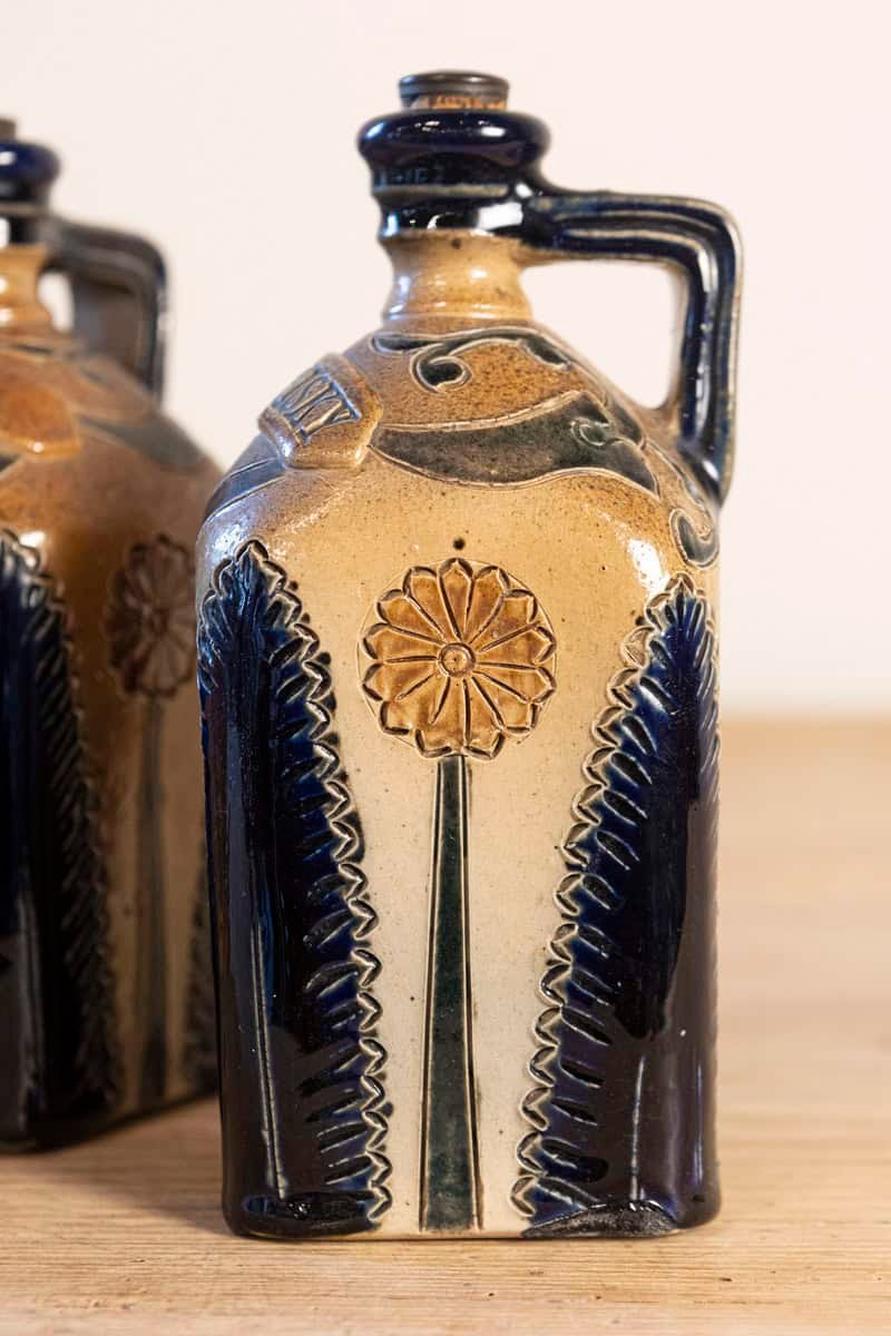 English Victorian 19th Century Pottery Decanters in Tantalus-Inspired Wicker Basket - JAA