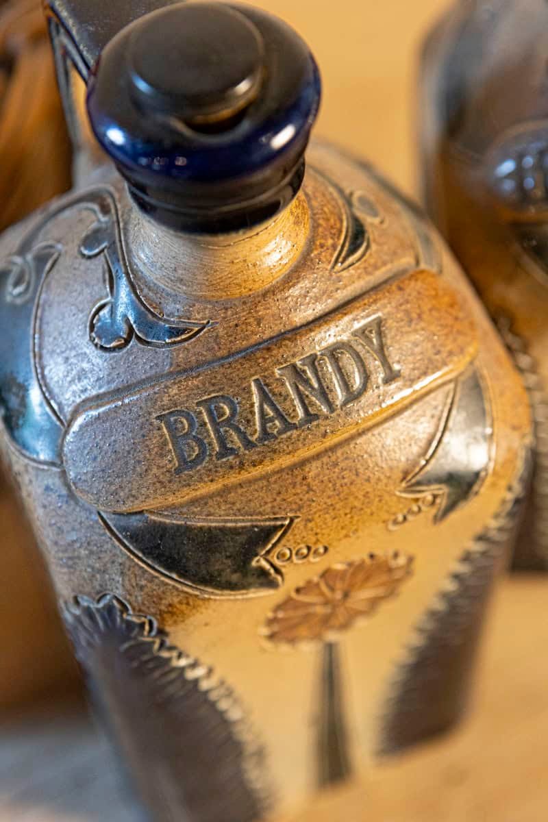 English Victorian 19th Century Pottery Decanters in Tantalus-Inspired Wicker Basket - JAA