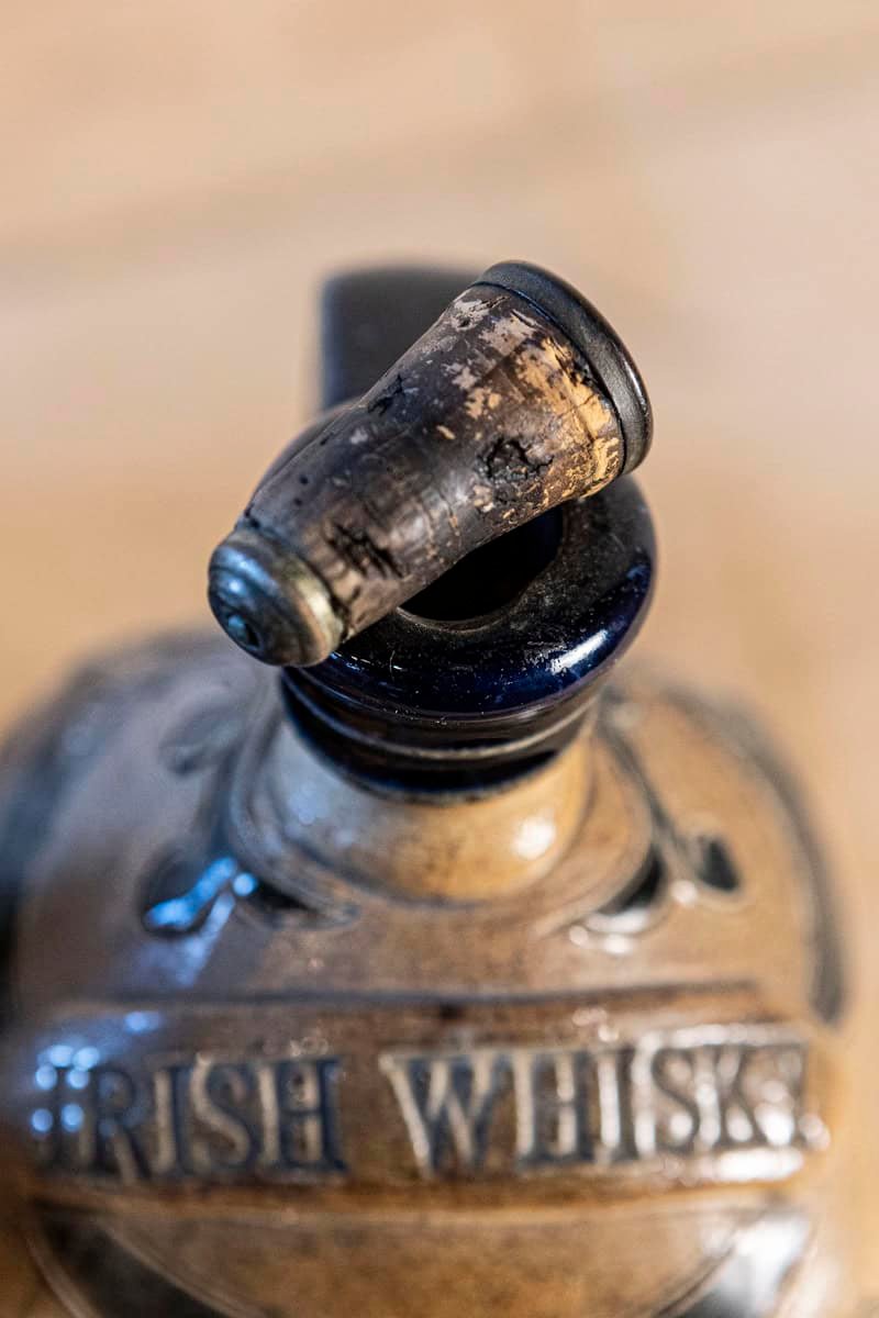 English Victorian 19th Century Pottery Decanters in Tantalus-Inspired Wicker Basket - JAA