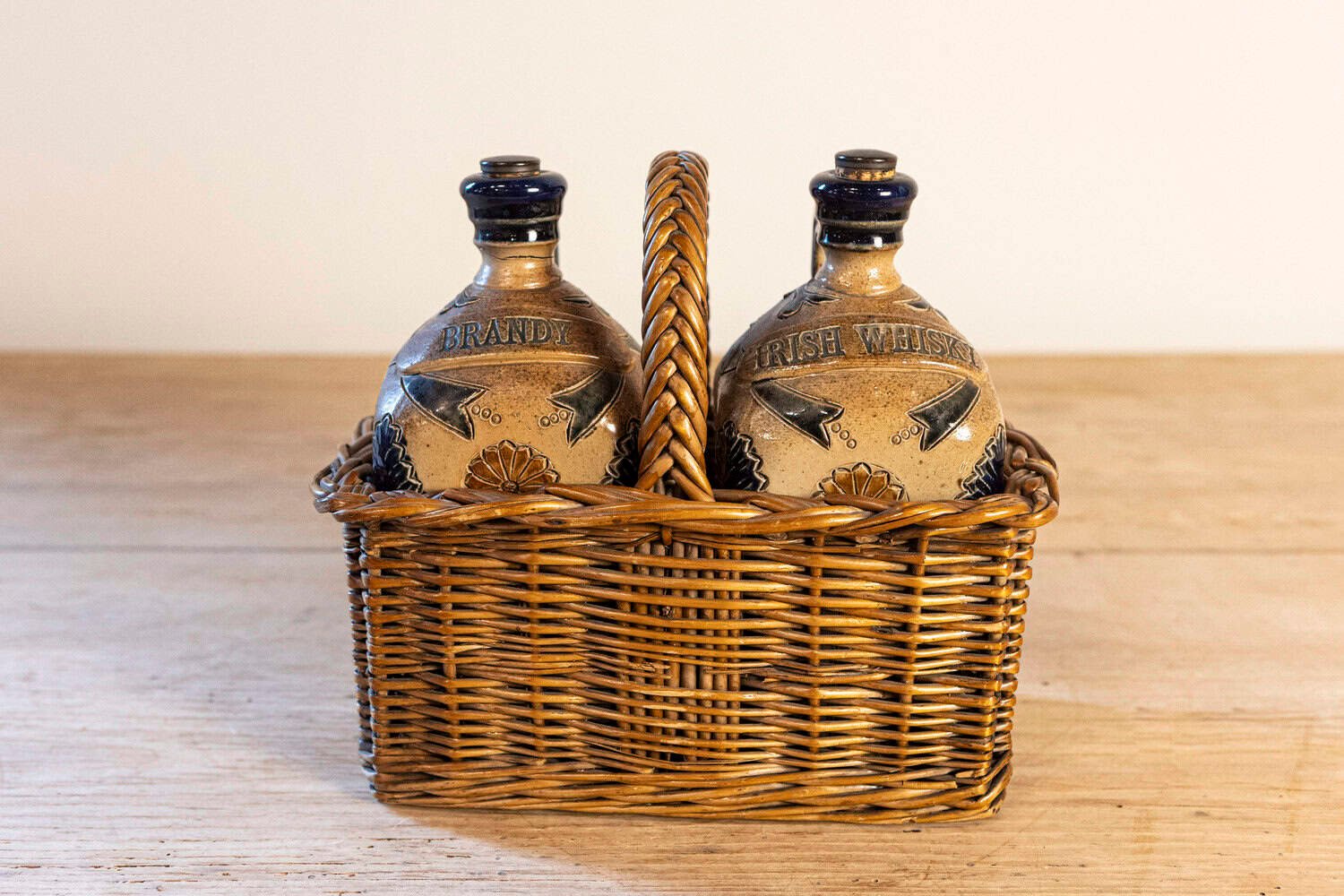 English Victorian 19th Century Pottery Decanters in Tantalus-Inspired Wicker Basket - JAA