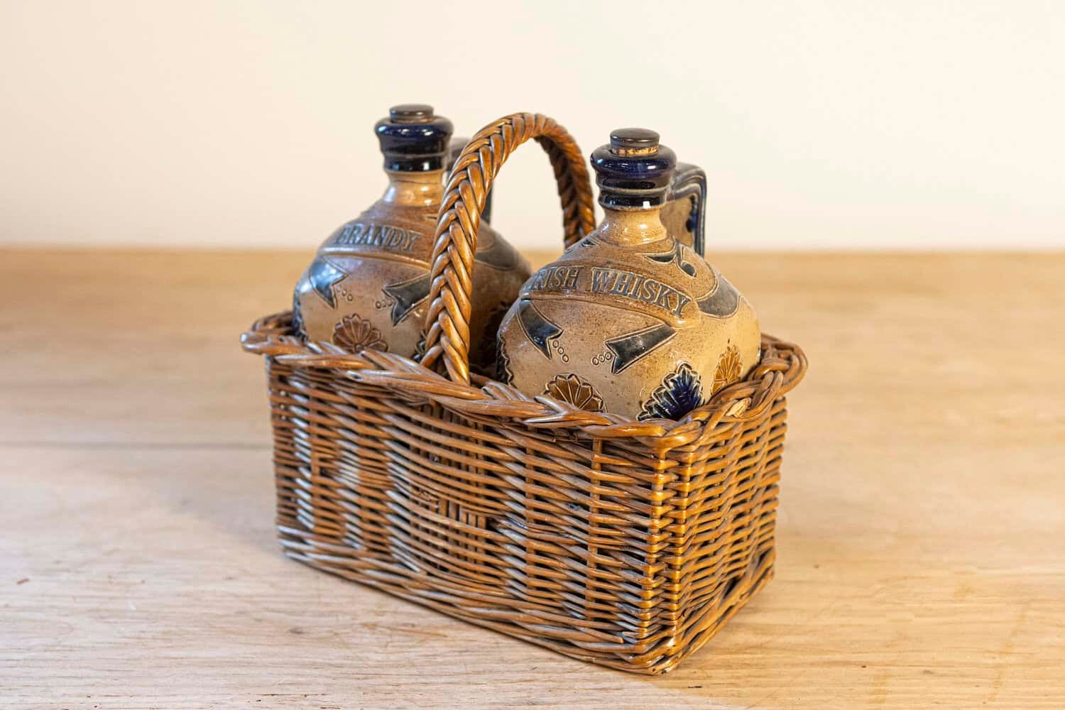 English Victorian 19th Century Pottery Decanters in Tantalus-Inspired Wicker Basket - JAA