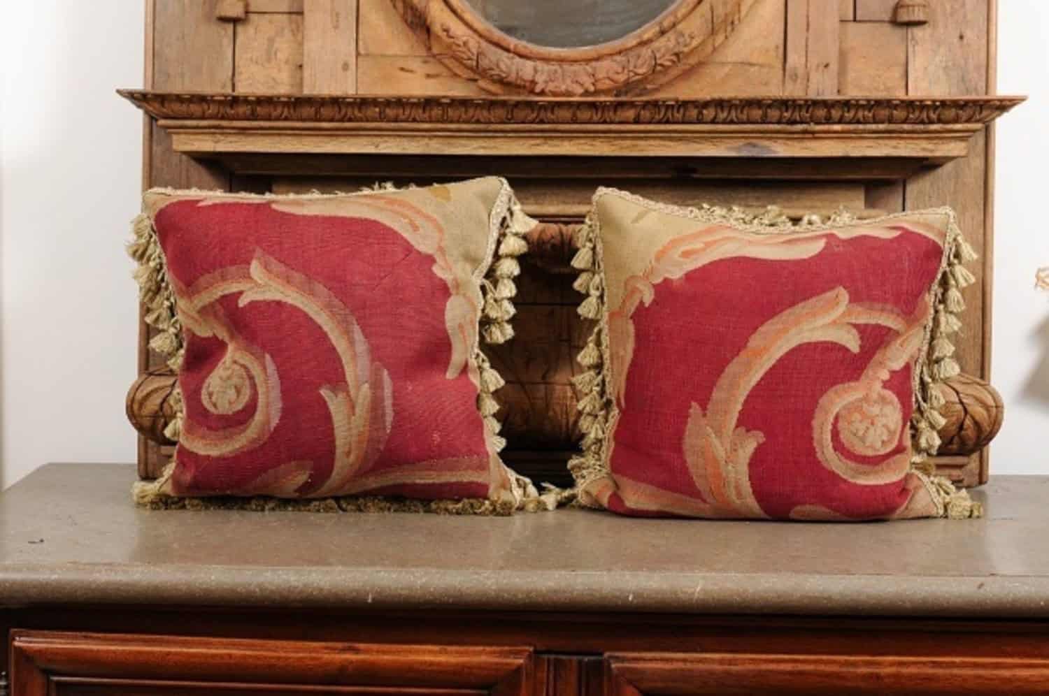 Pair of French Pillows Made of 19th Century Aubusson Tapestries with Foliage - JAA