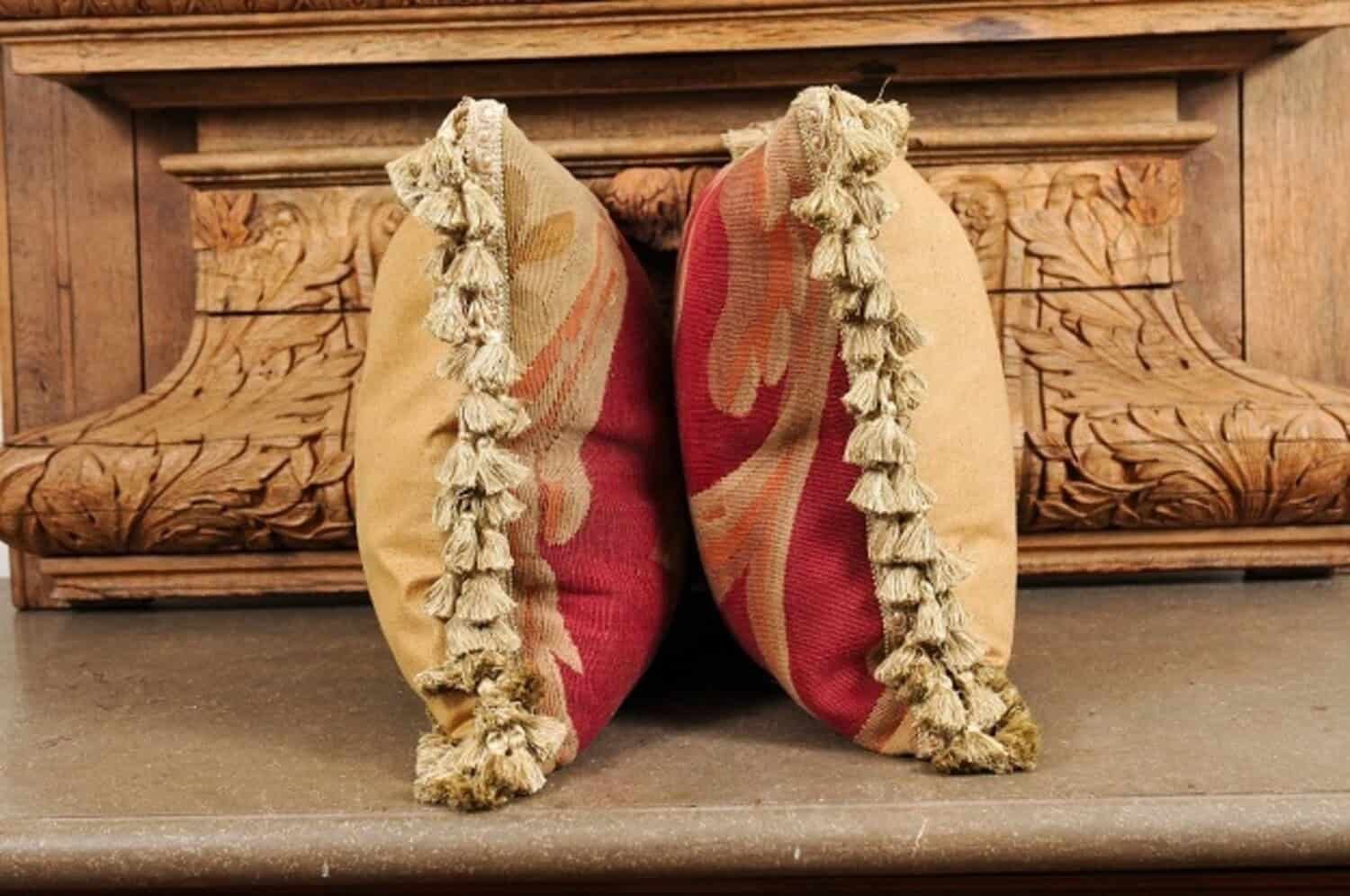 Pair of French Pillows Made of 19th Century Aubusson Tapestries with Foliage - JAA