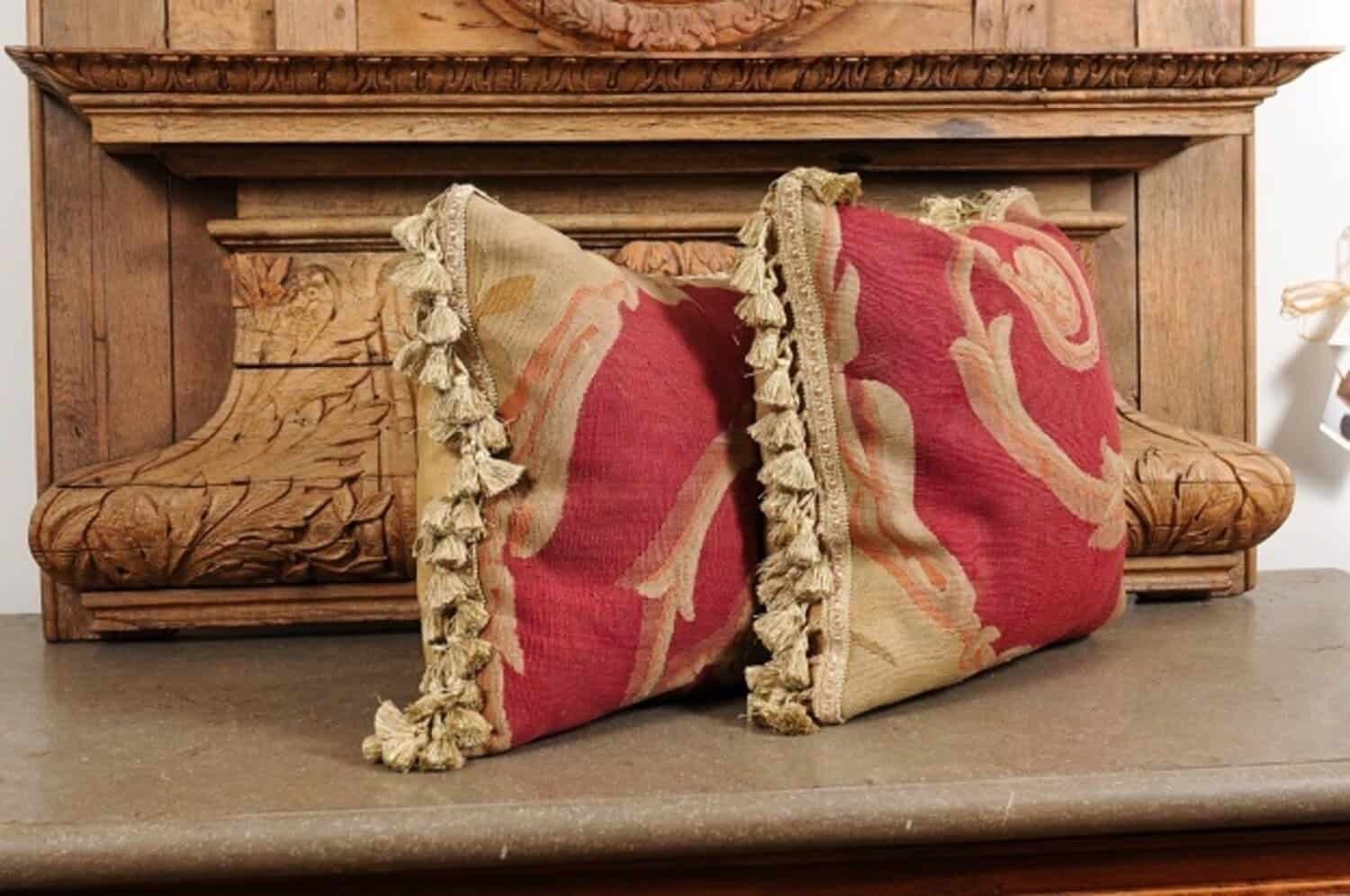 Pair of French Pillows Made of 19th Century Aubusson Tapestries with Foliage - JAA
