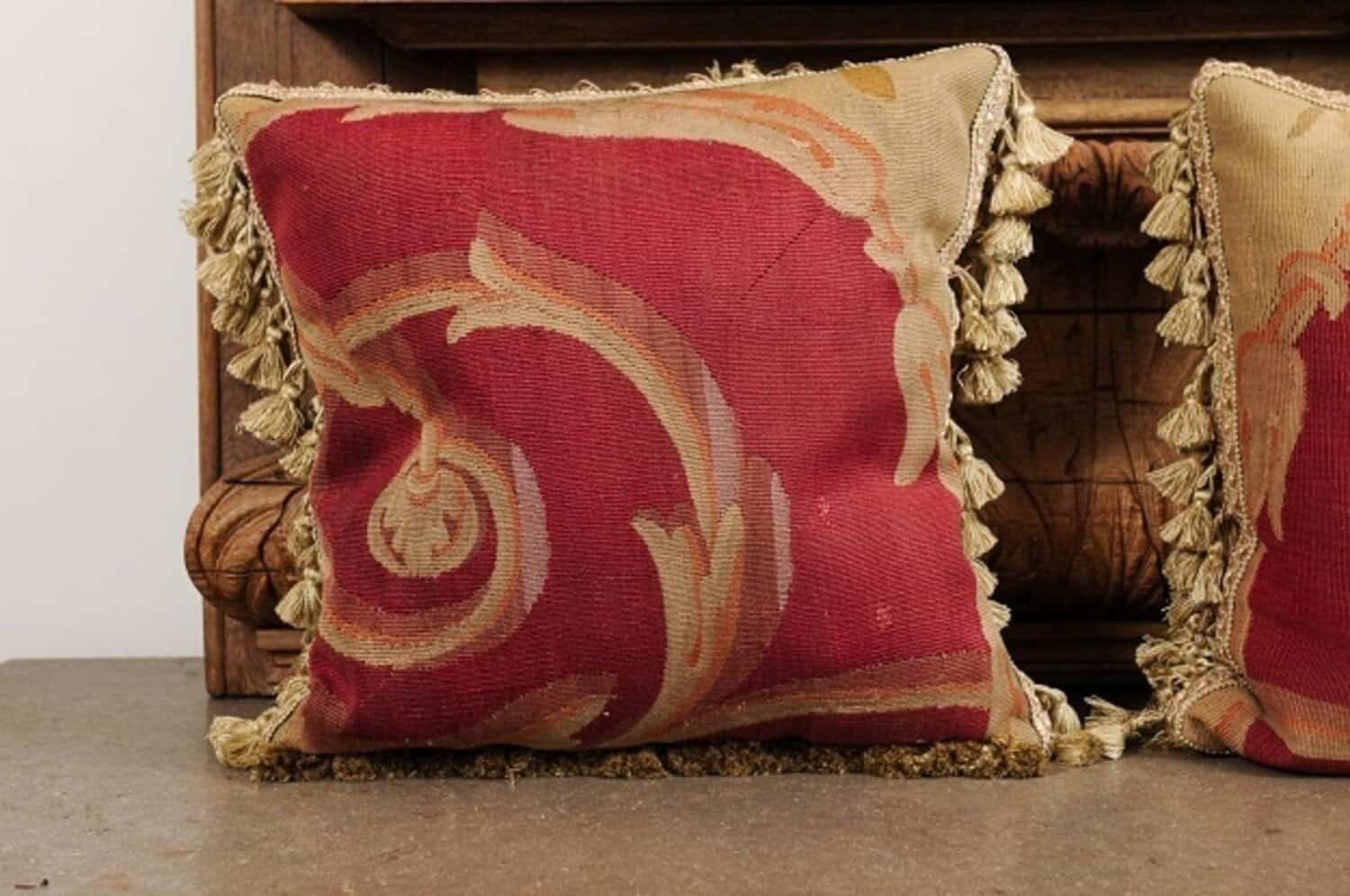 Pair of French Pillows Made of 19th Century Aubusson Tapestries with Foliage - JAA