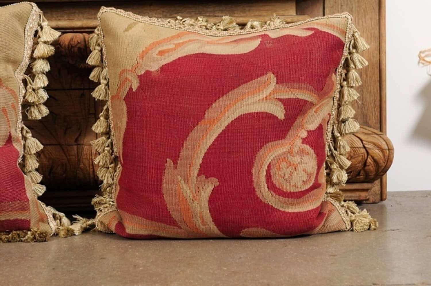 Pair of French Pillows Made of 19th Century Aubusson Tapestries with Foliage - JAA