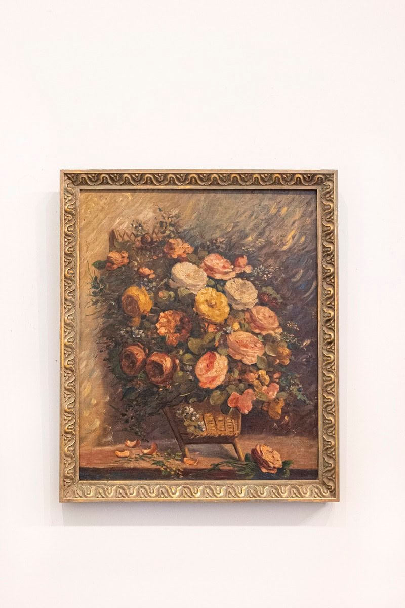 French 19th Century Oil on Canvas Still-Life Painting Depicting Roses in Basket - JAA