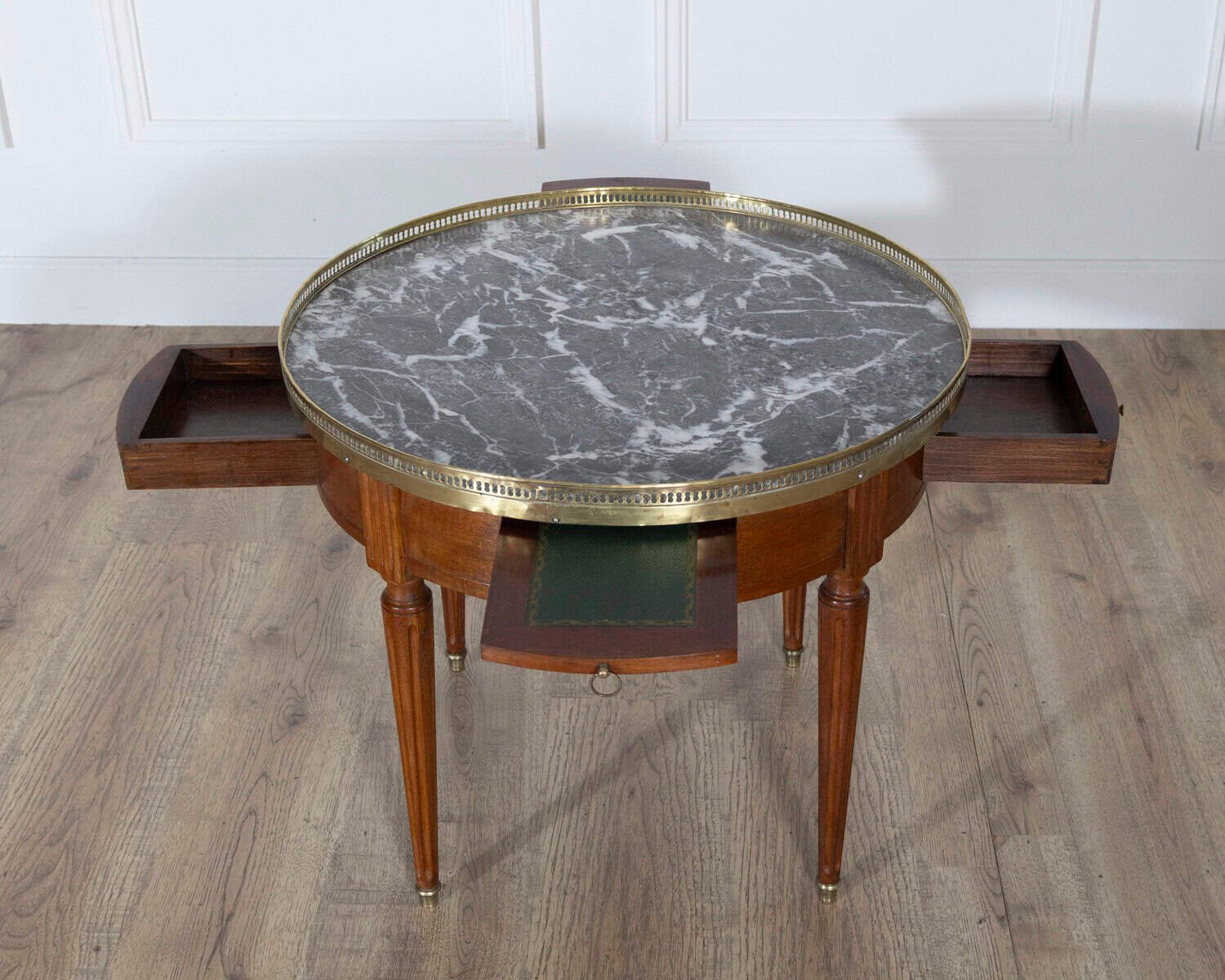French Louis XVI-Style Mahogany Bouillotte Table with Marble Top, Early 20th Century - JAA