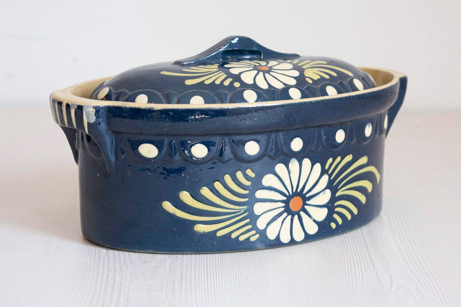 19th Century French Pottery Set with Blue Glaze & White Flowers - JAA