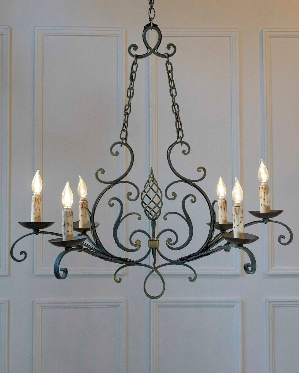 French 19th Century Six-Light Iron Chandelier with Spiral and Scrolling Arms - JAA