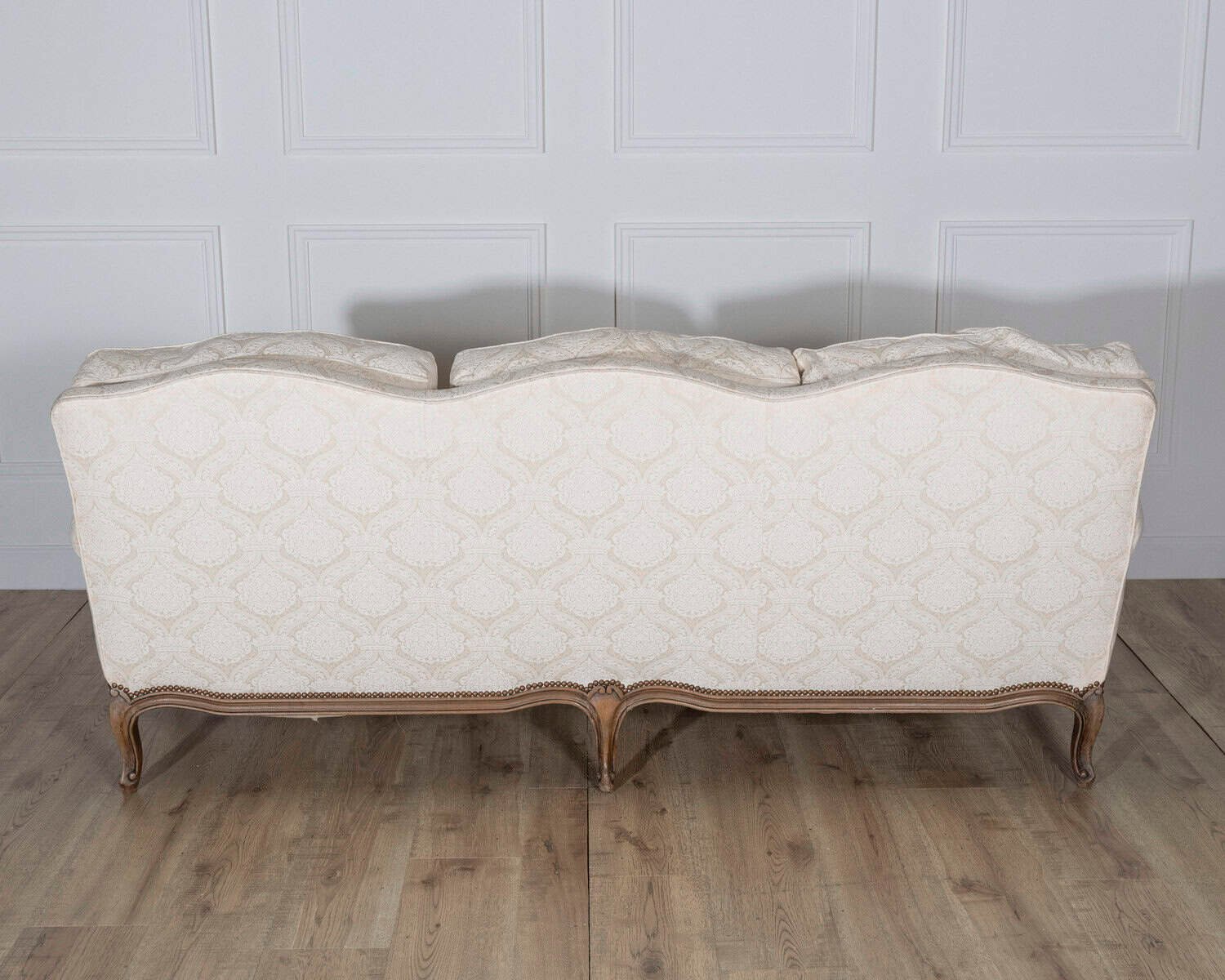 Louis XV Style Carved Walnut Sofa with Cream Damask Upholstery - JAA