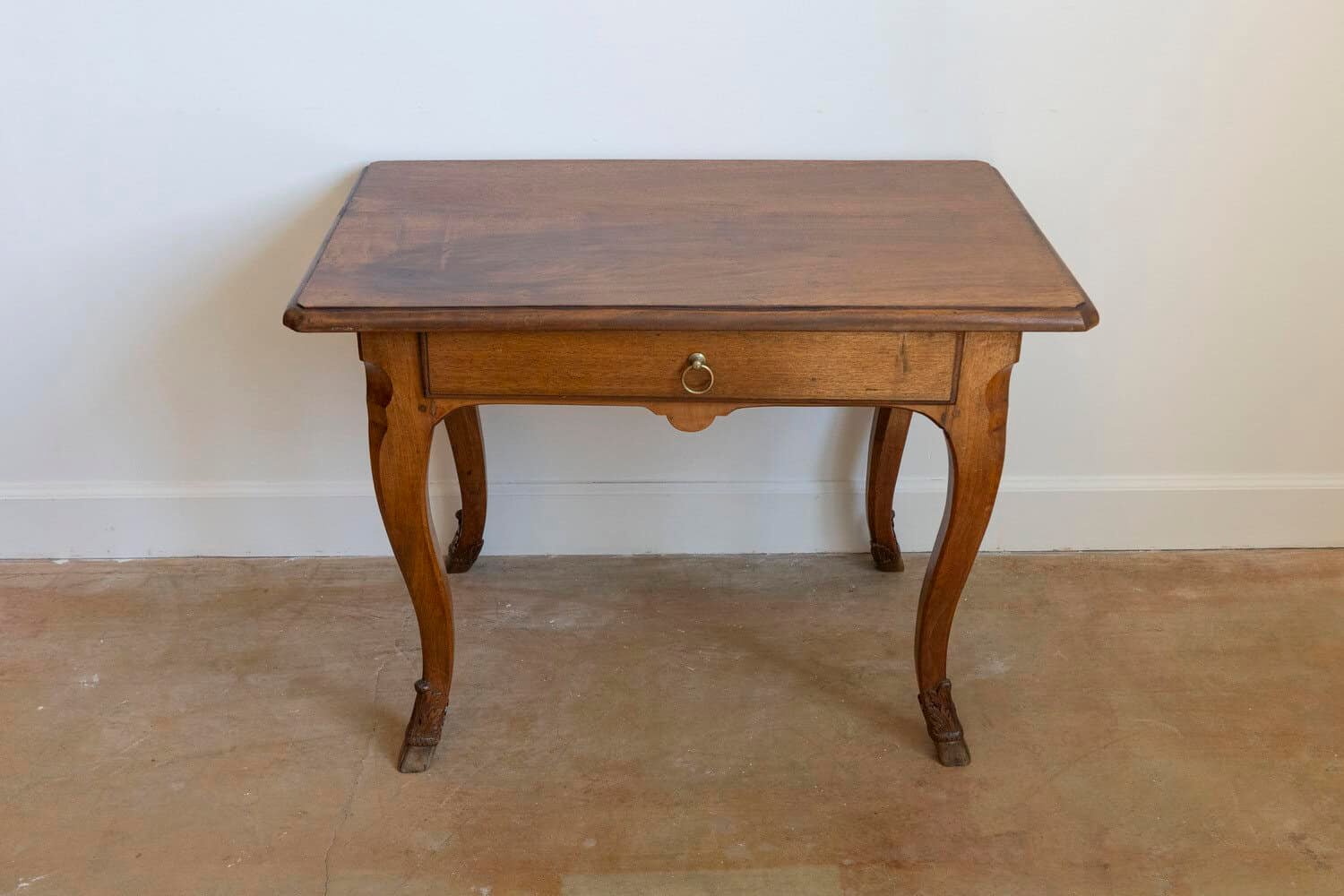 French 1860s Louis XV Style Walnut Side Table with Hoofed Feet and Single Drawer - JAA