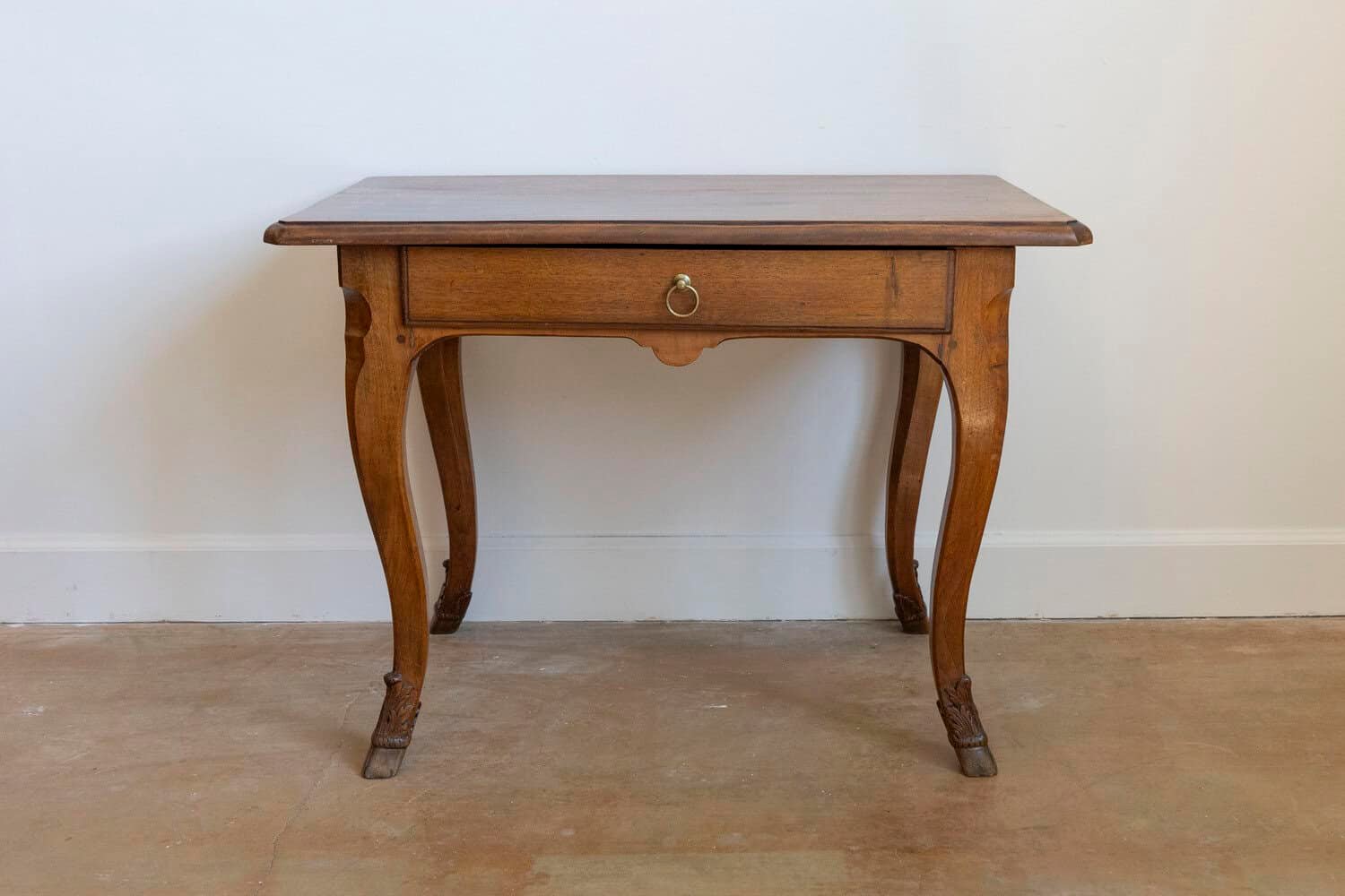 French 1860s Louis XV Style Walnut Side Table with Hoofed Feet and Single Drawer - JAA