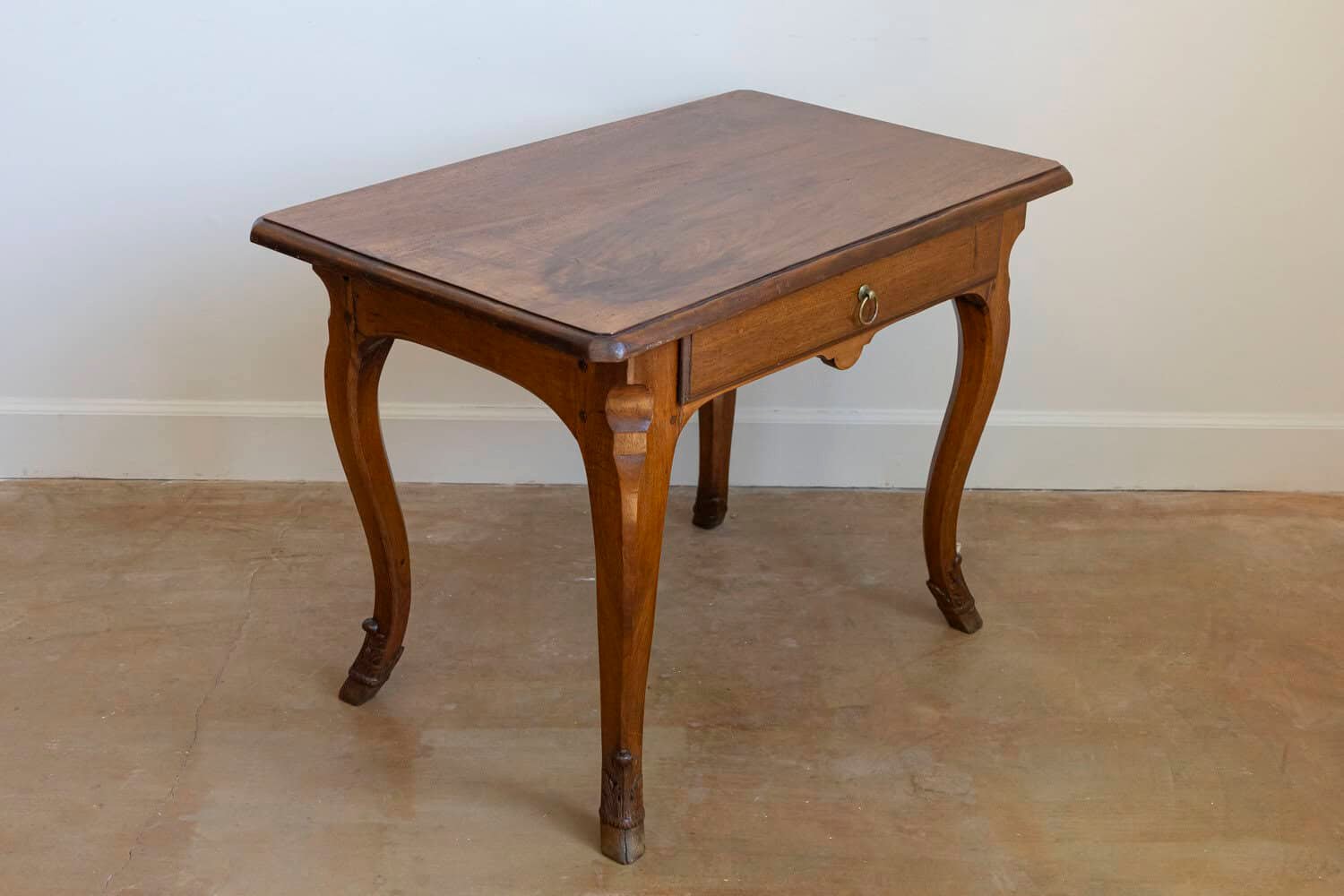 French 1860s Louis XV Style Walnut Side Table with Hoofed Feet and Single Drawer - JAA
