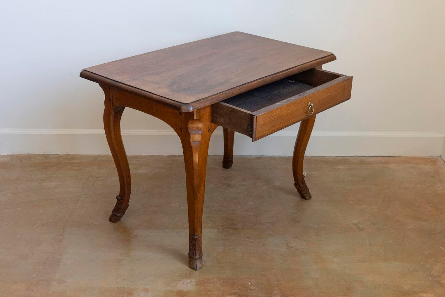 French 1860s Louis XV Style Walnut Side Table with Hoofed Feet and Single Drawer - JAA