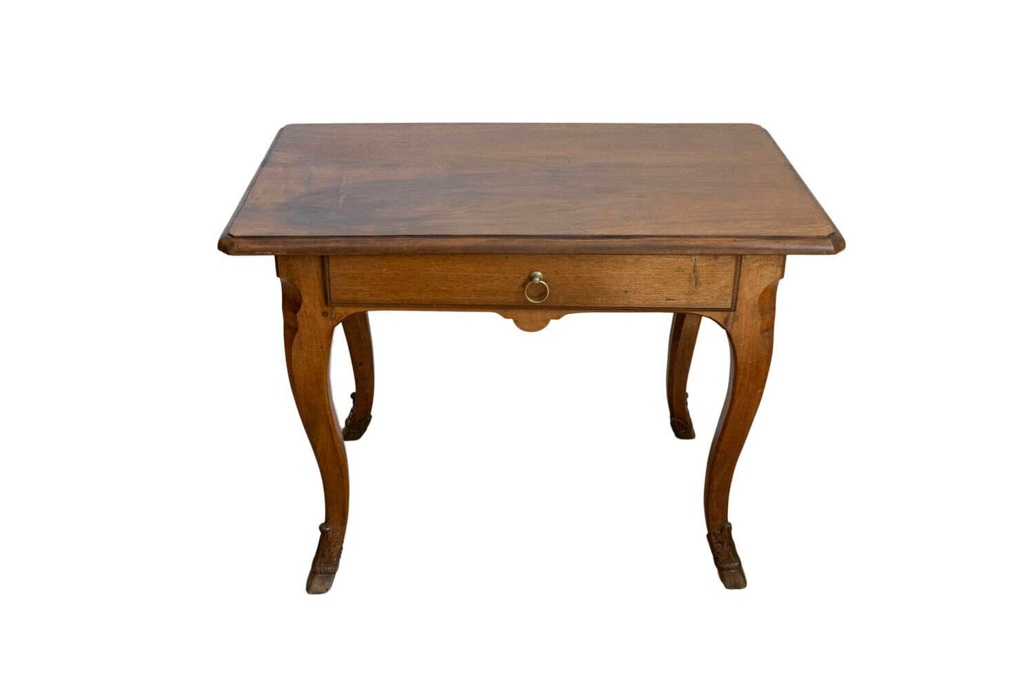 French 1860s Louis XV Style Walnut Side Table with Hoofed Feet and Single Drawer - JAA