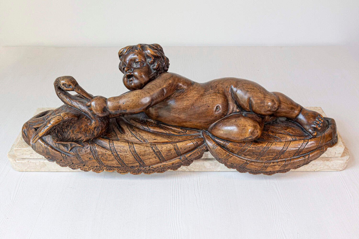 French 1880s Carved Walnut Putto Feeding a Swan Sculpted Group on Marble Base - JAA