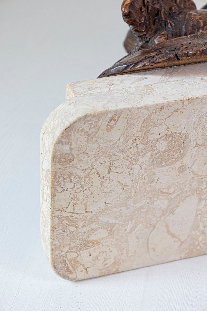 French 1880s Carved Walnut Putto Feeding a Swan Sculpted Group on Marble Base - JAA