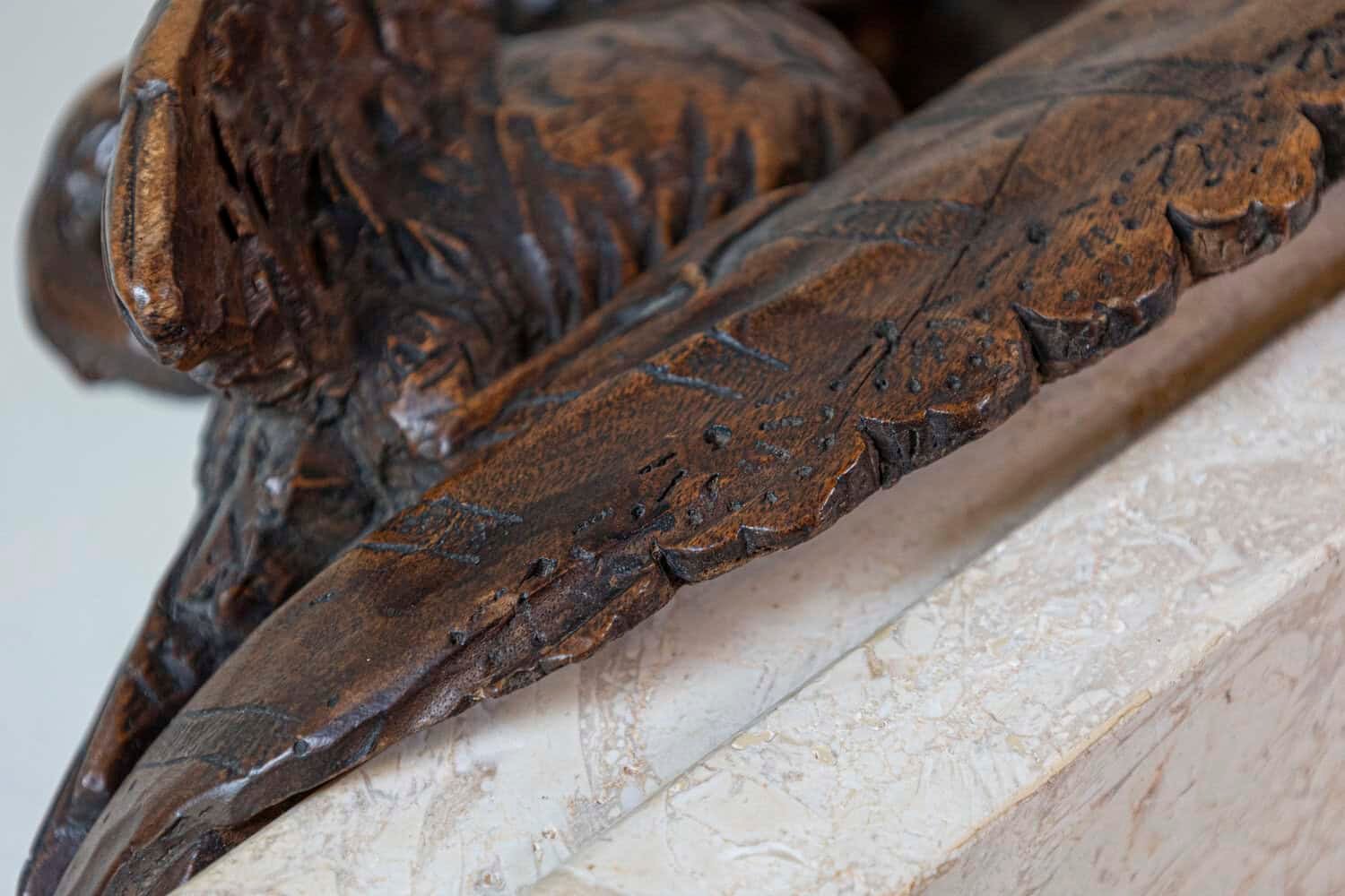 French 1880s Carved Walnut Putto Feeding a Swan Sculpted Group on Marble Base - JAA