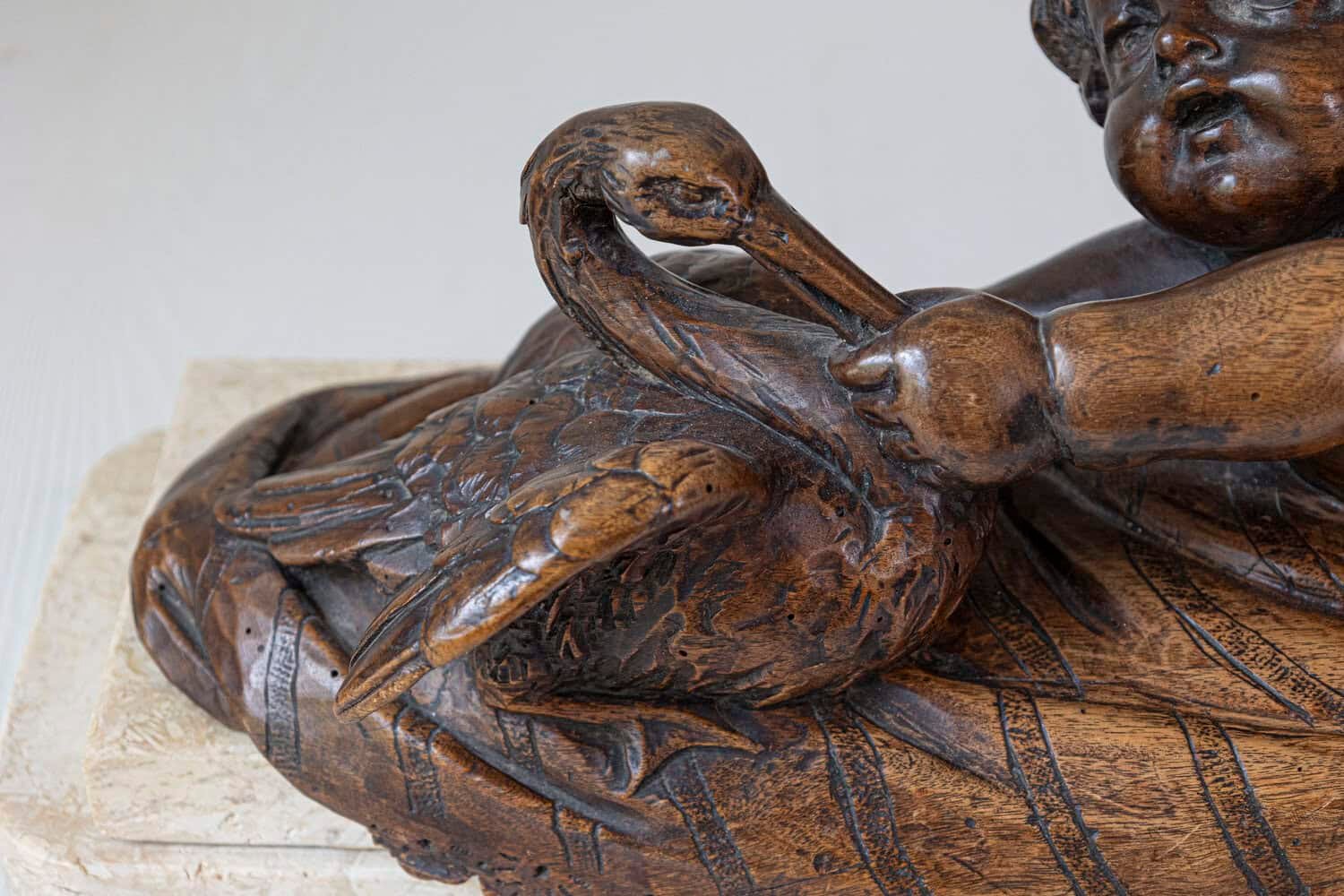 French 1880s Carved Walnut Putto Feeding a Swan Sculpted Group on Marble Base - JAA